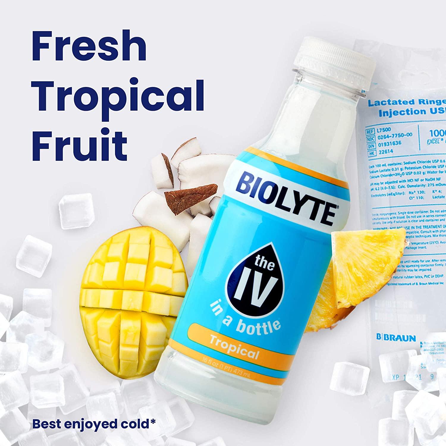 BIOLYTE Electrolyte Drink, Tropical 12 Pack IV Liquid Bottle for
