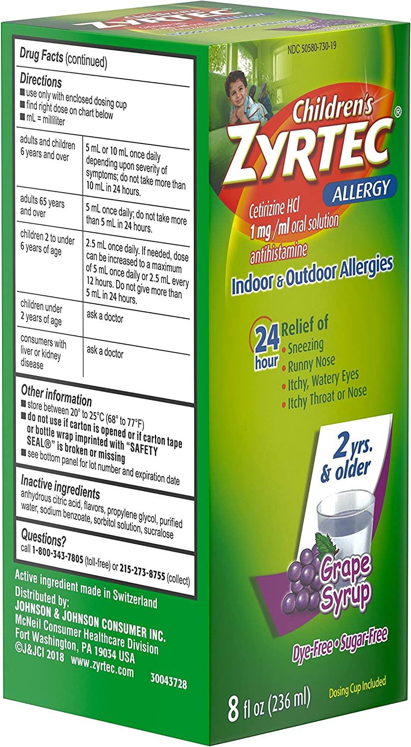 Zyrtec 24 Hour Childrens Allergy Syrup with Cetirizine HCl Antihistamine Allergy Medicine for Indoor Outdoor Allergy Relief for Kids Dye-Free Sugar-Free Grape 8 fl. oz Grape 8 Fl Oz (Pack of 1)