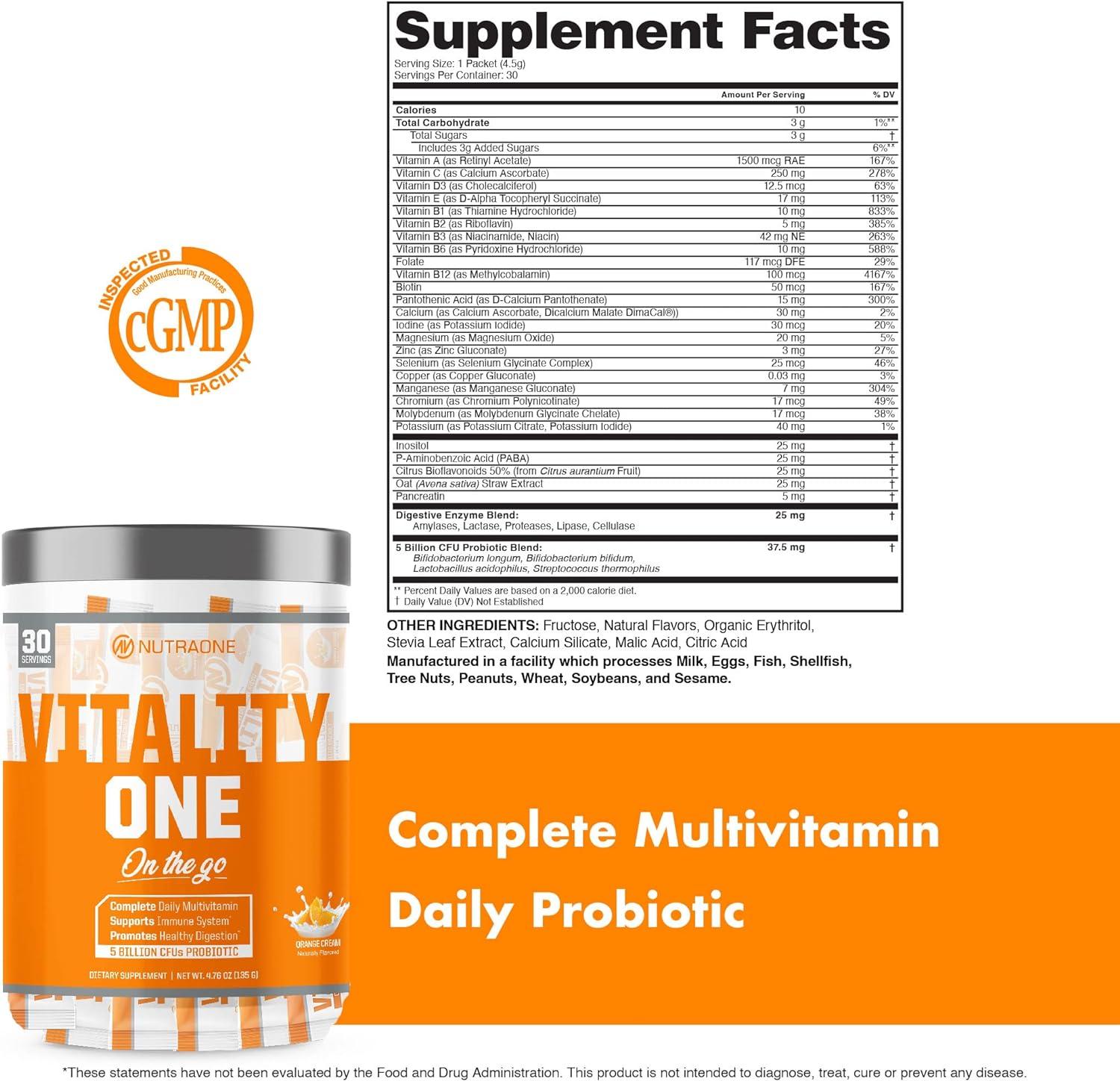 NutraOne VitalityOne On The Go Complete Multivitamin Probiotic and Enzyme Blend Orange Cream 30