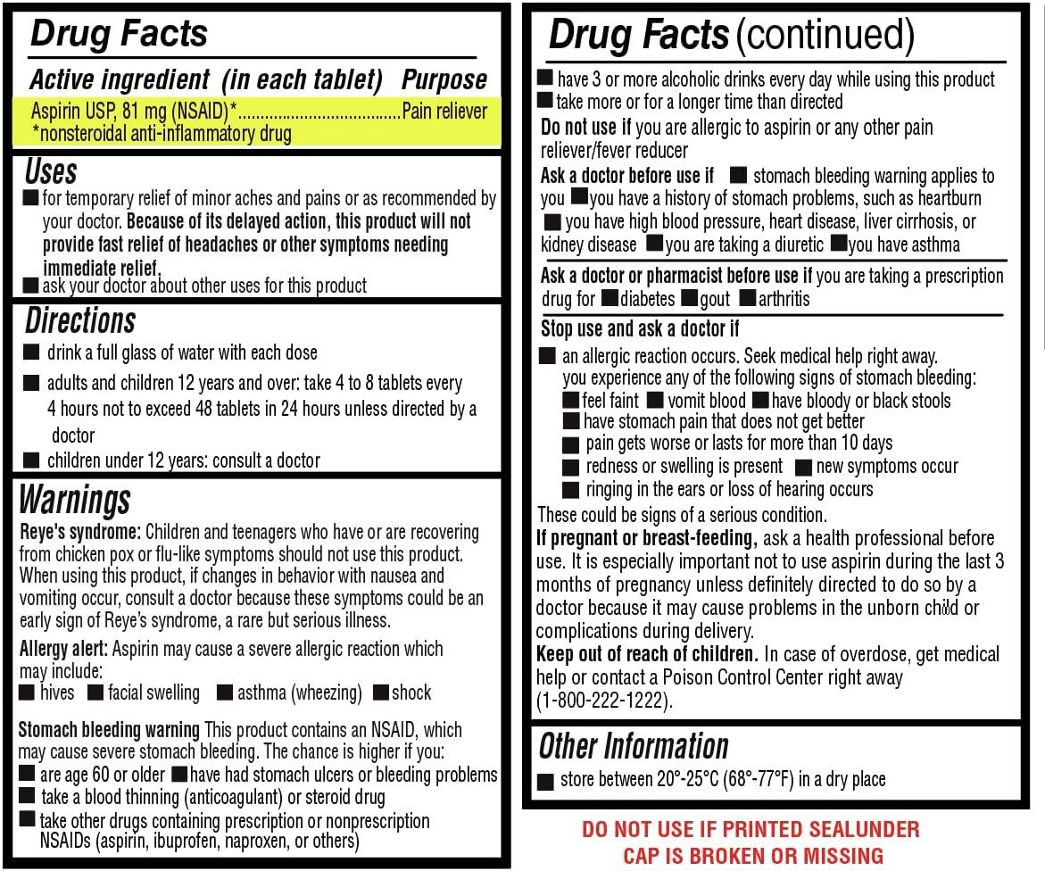 Safrel Aspirin 81 mg (1000 Enteric Coated Tablets) Adult Low Dose