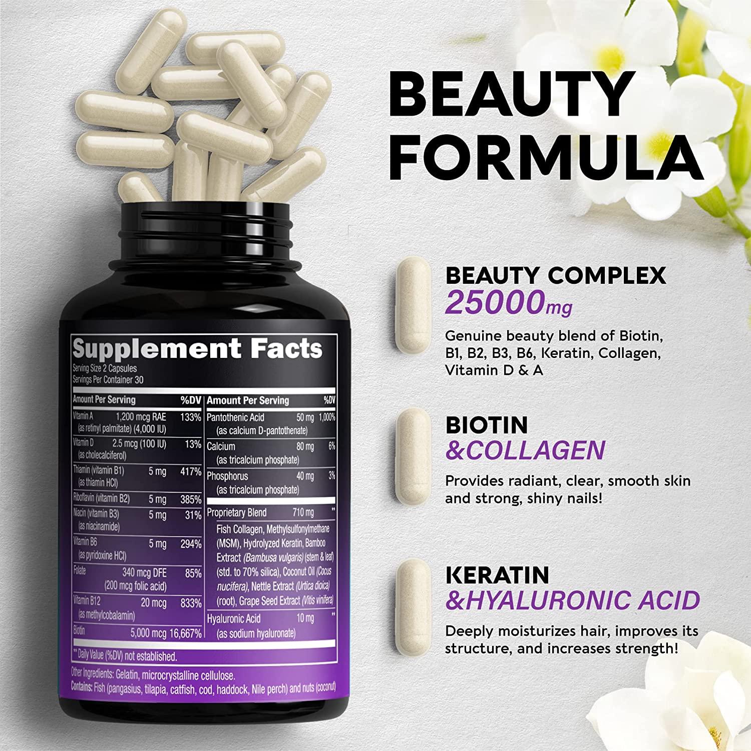 Biotin Vitamins with Collagen & Keratin - Hair Growth Supplement for Women  & Men - 25000 mcg Pills - Made in USA - B1,B2,B3,B6,B7 Complex - Healthy  Nails & Skin - As