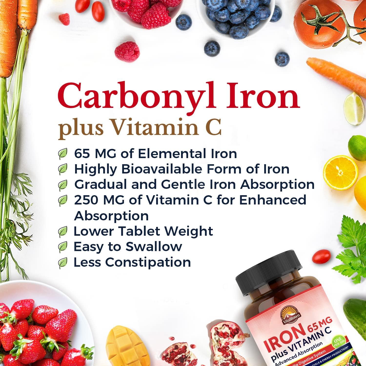 Vitalitown Iron 65 mg Carbonyl Iron with 250 mg Vitamin C for Enhanced