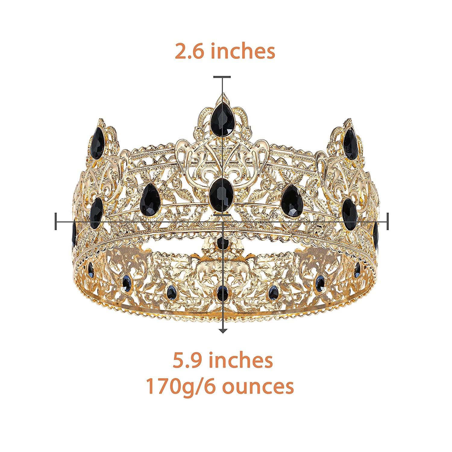 Gold King Crowns for Men, Royal Crown with Black Rhinestone, Birthday