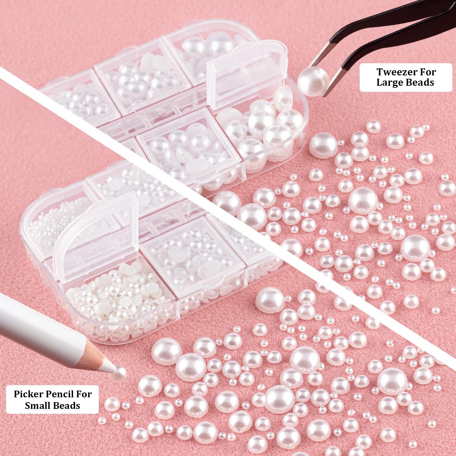 3 Boxes Flat Back Pearls Kit 1 Flatback White Half Round Pearls 3-10mm with  Pickup Pencil and Tweezer for Home DIY and Professional Nail Art, Face