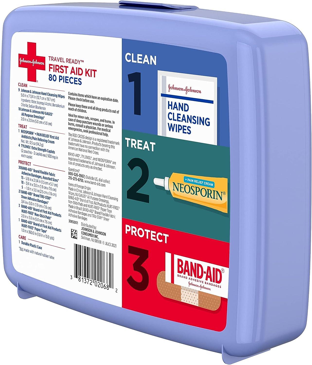 Johnson & Johnson Travel Ready Portable Emergency First Aid Kit for Minor  Wound Care with Assorted Adhesive Bandages, Gauze Pads & More, Ideal for  Travel, Car & On-The-Go, 80 pc
