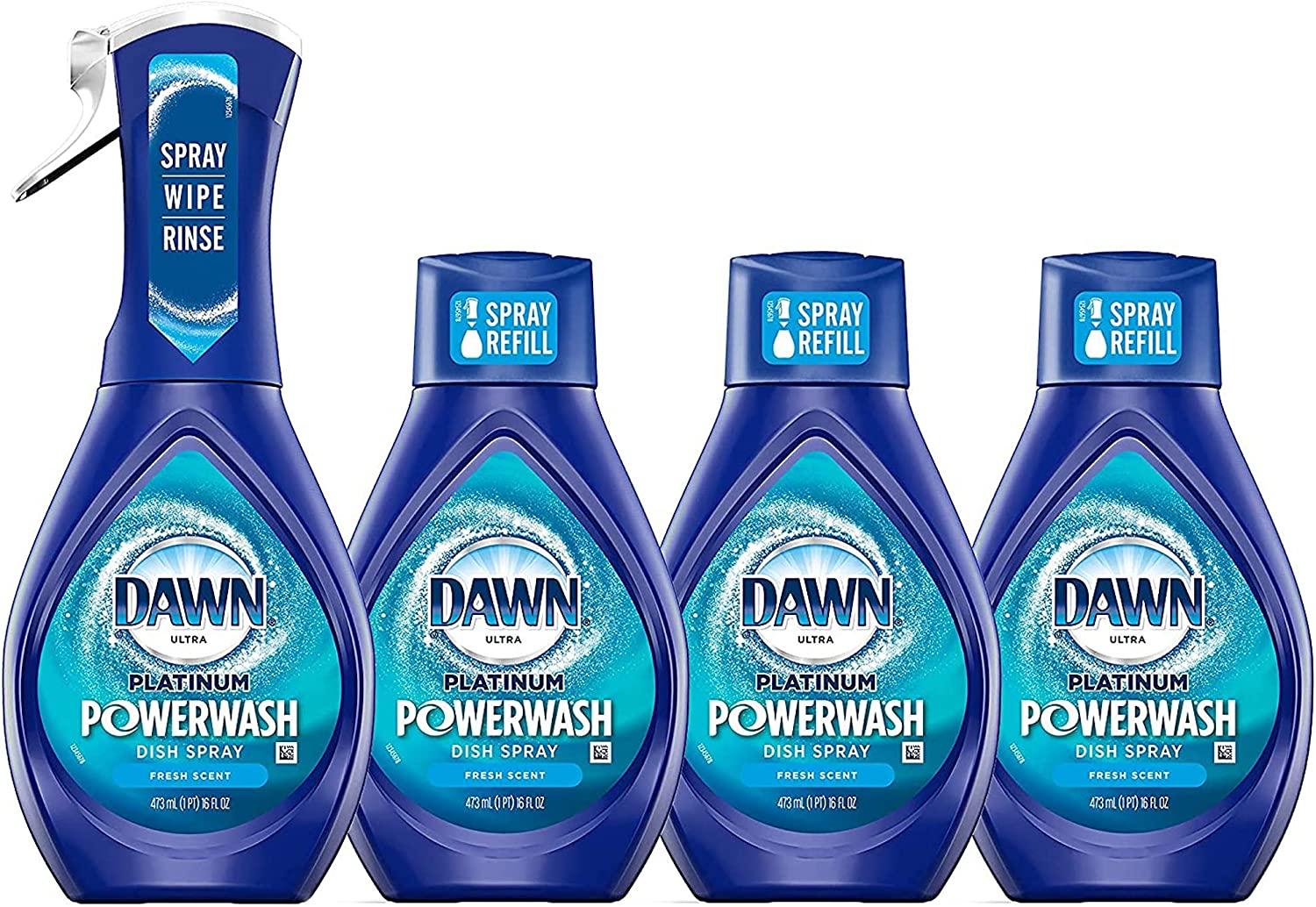 Dawn Platinum Powerwash Dish Spray, Dish Soap, Fresh Scent Bundle, 1 Spray (16oz) + 3 Refills (16oz each)(Pack of 4)
