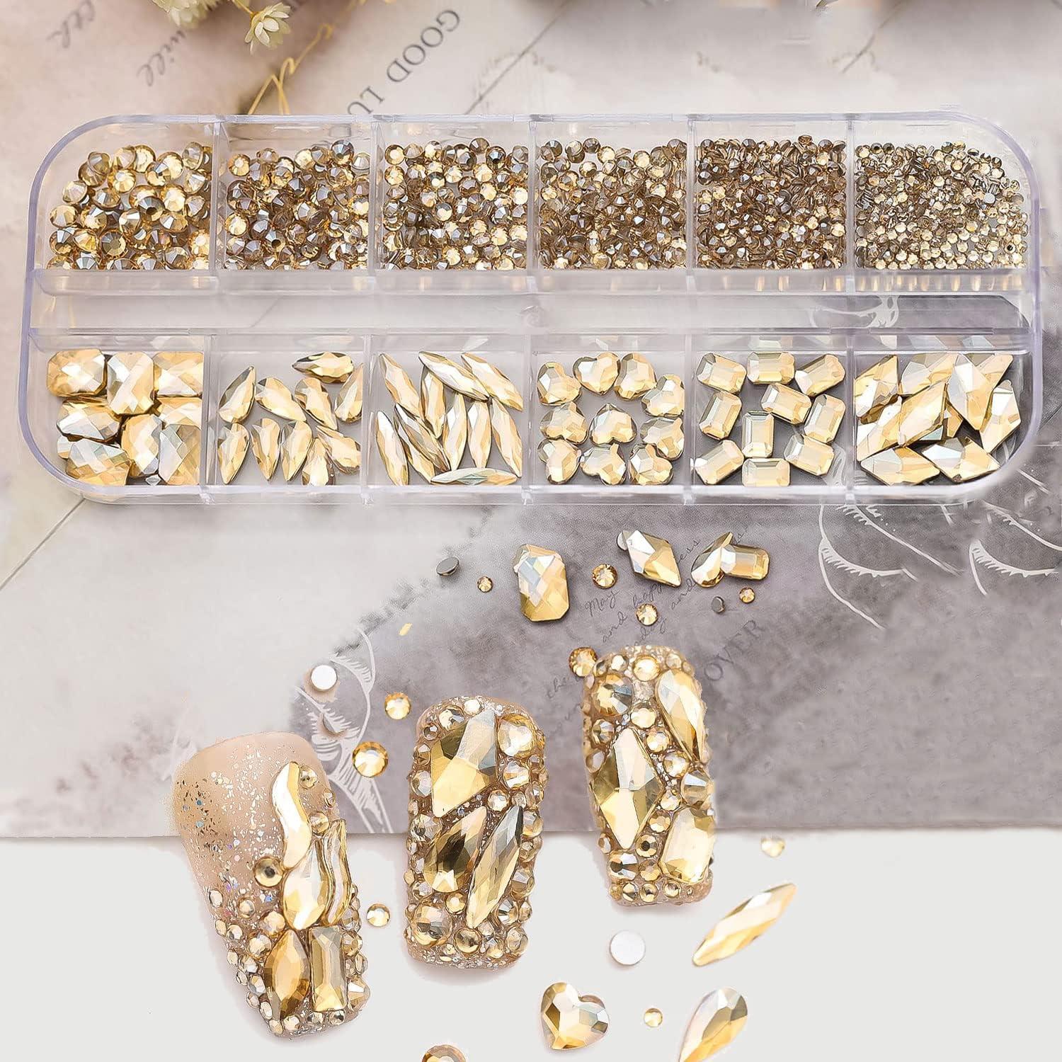 1130Pcs Champagne Gold Rhinestones for Nails Nail Art Crystal Flat Back  Multi Sized Shapes Gold Diamond Gem Stone DIY Nail Jewelry Decoration for  Women Girls (Champagne)