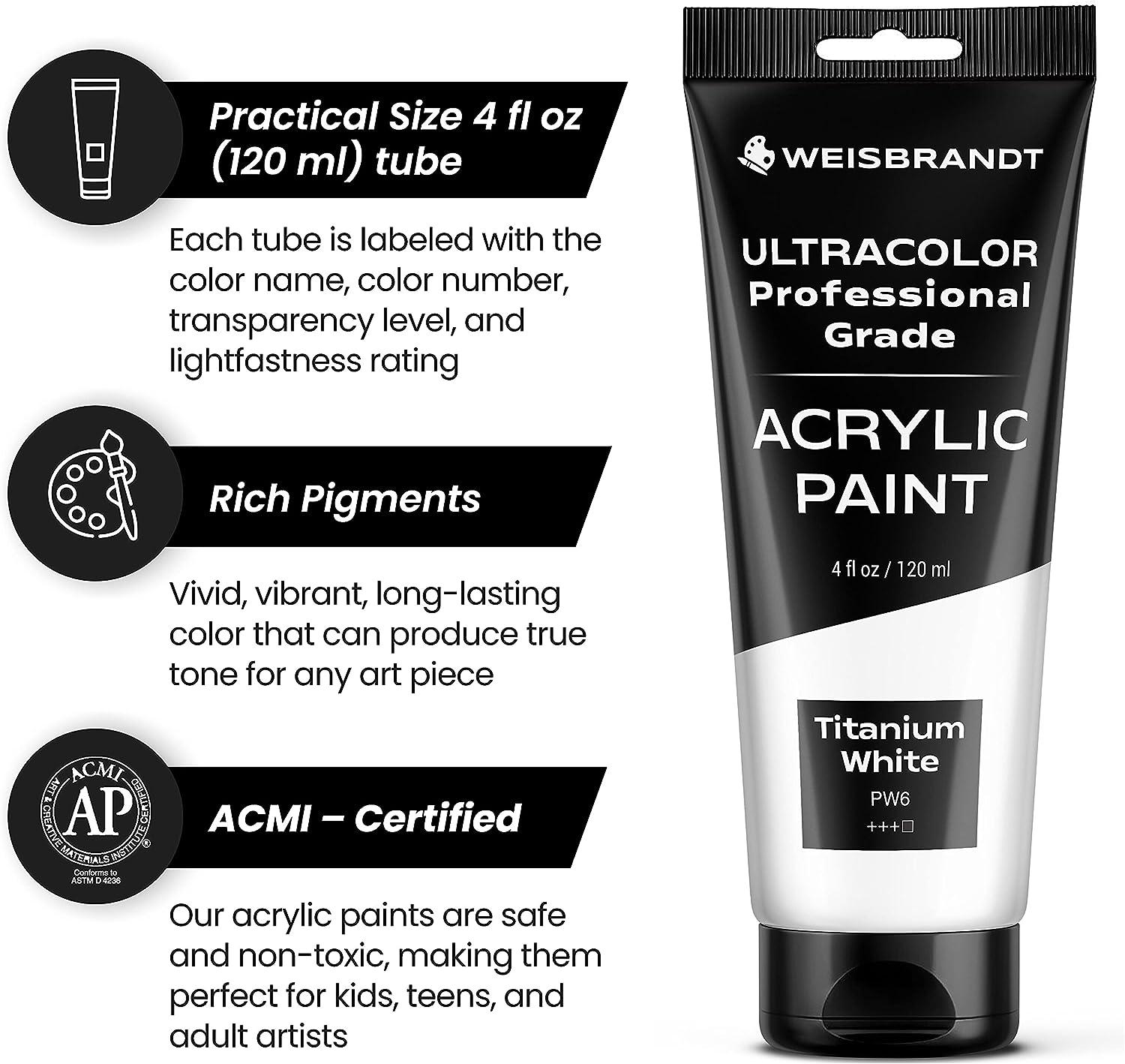 WEISBRANDT Artist Quality Acrylic Paint in Assorted Colors for Artists &  Hobby Painters Rich Pigment Non Fading and Non Toxic Titanium White 4 oz 4  Ounce (Pack of 1) Titanium White