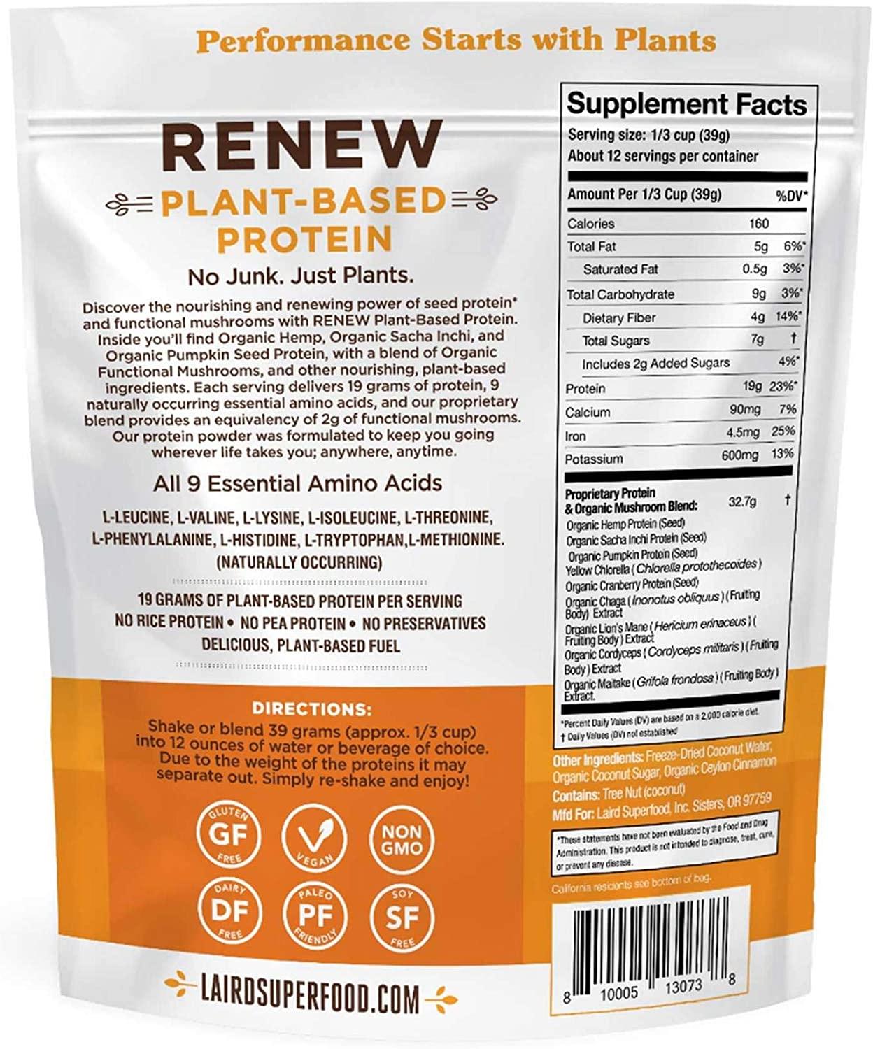 Laird Superfood Renew PlantBased Protein Powder, 19 Grams Protein