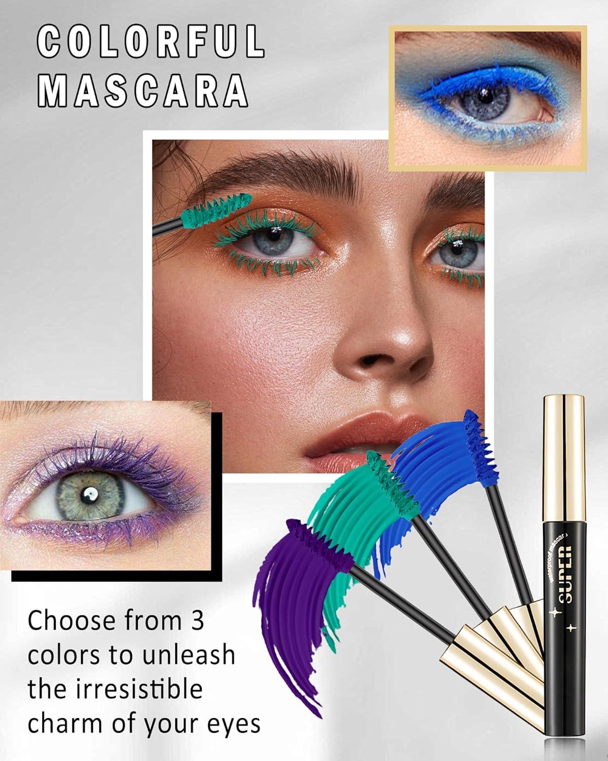 3 Colors Waterproof Mascara Set Blue Green Purple Colored Mascara