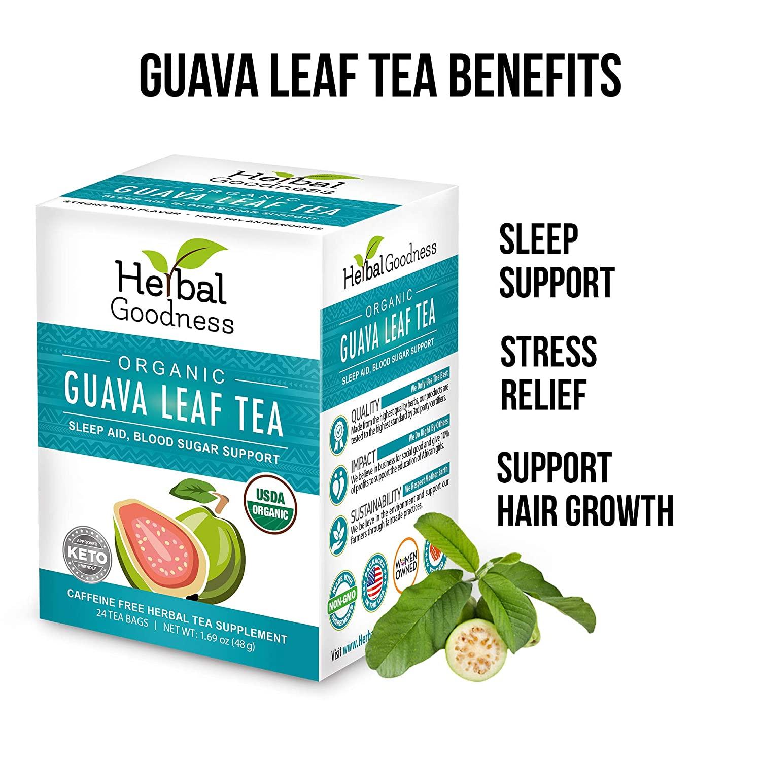 Guava Leaf Tea Sleep Aid | Metabolism Support | Hair Re-Growth, Skin &  Nails - Organic, Kosher | 100% Pure Guava Tea Energy Boost & Immunity - 24  Teabags made in USA 24 Count (Pack of 1)