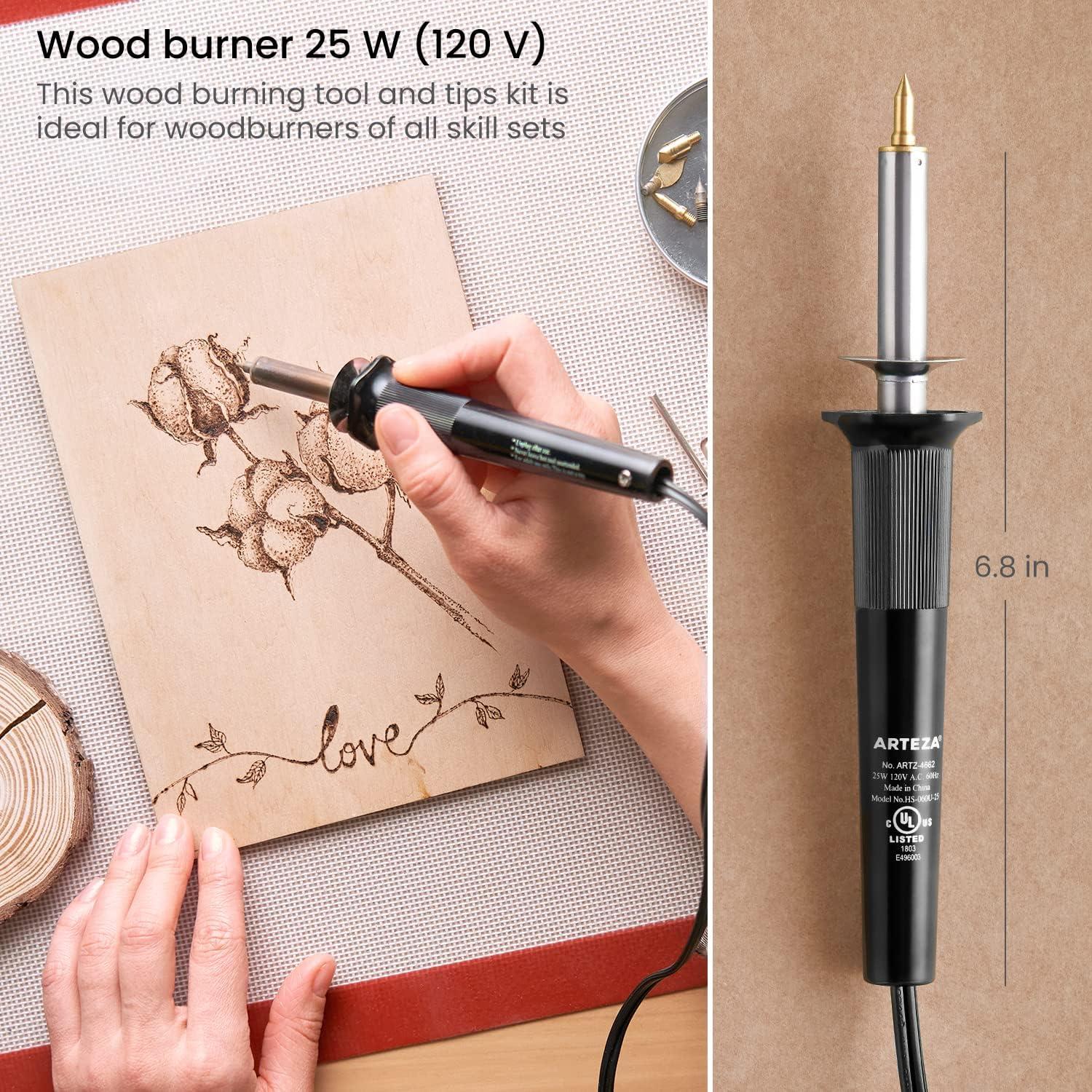 Arteza Wood Burning Kit, 1 Pyrography Pen, 6 Interchangeable Tips, 300400C,  25W, Heat Shield and Stand, for Beginners, Intermediates, and Hobbyists