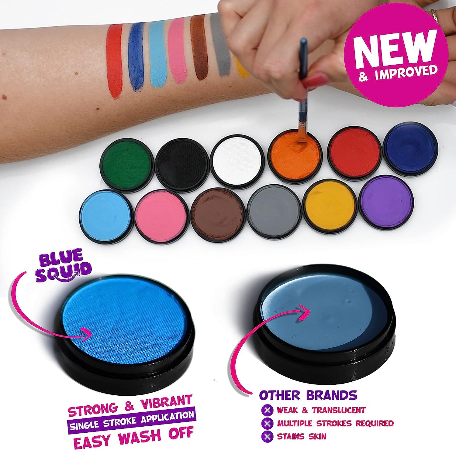 Blue Squid Set trucco ideale per bambini, 22 colori, 160 pezzi, stencil, gemme, gessetti per capelli, pennelli, glitter, spugne, opuscolo, set professionale per il trucco per bambini, colori del viso