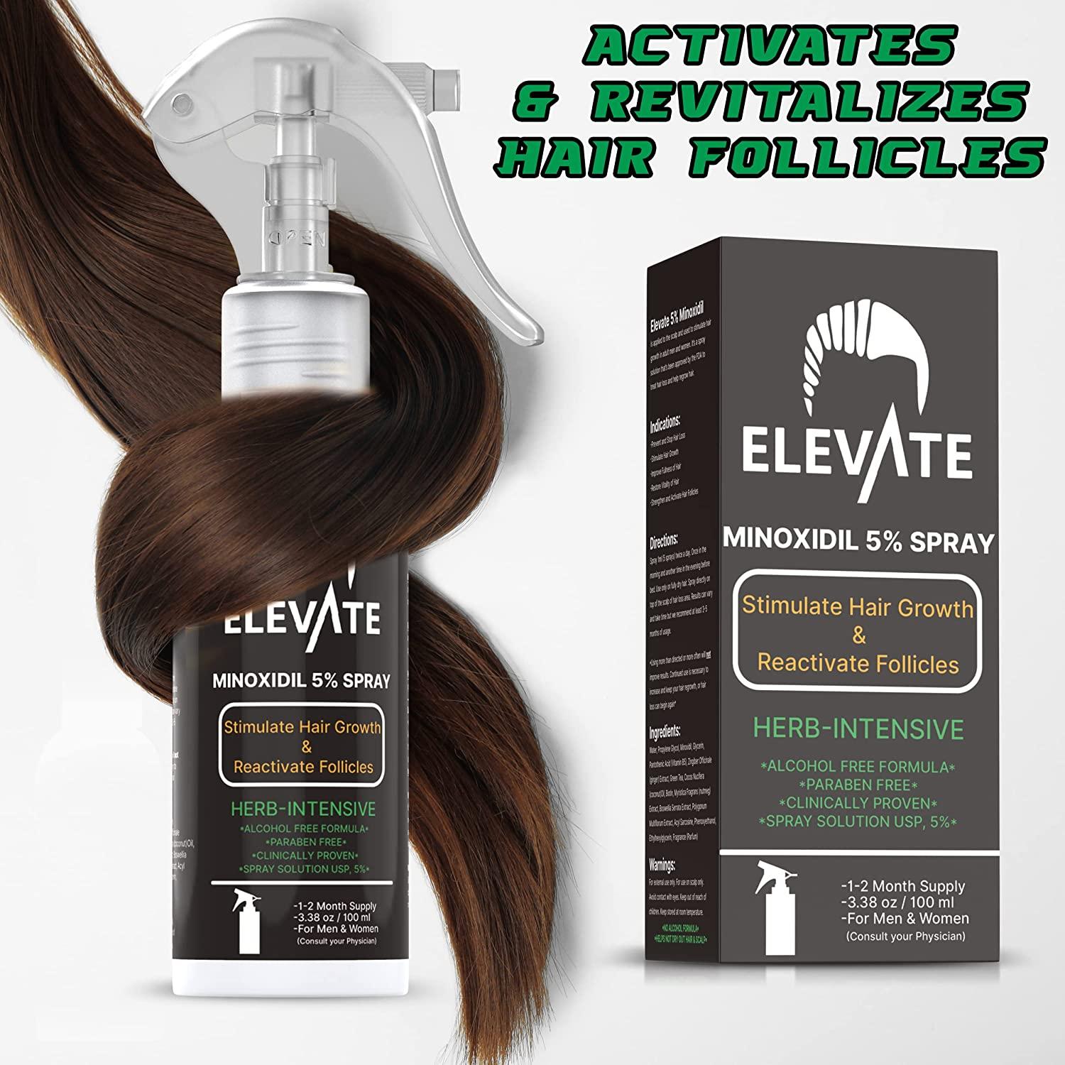 ELEVATE 5% Minoxidil Hair Growth Spray - Alcohol Free Non Oily Formula  Extra Strength Professional Treatment for Hair Loss and Hair Regrowth -  Stimulate Hair Follicles for Men & Women - 1