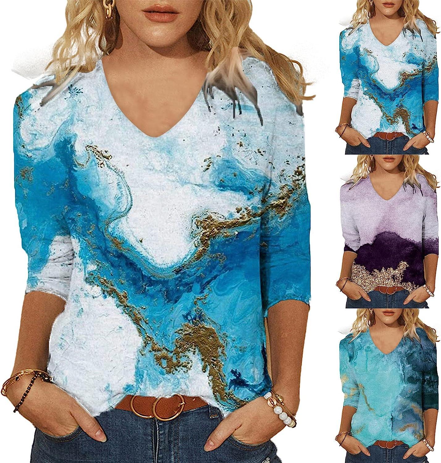 Women's Printed V-Neck T-Shirt | 3/4 Sleeves | Casual Loose
