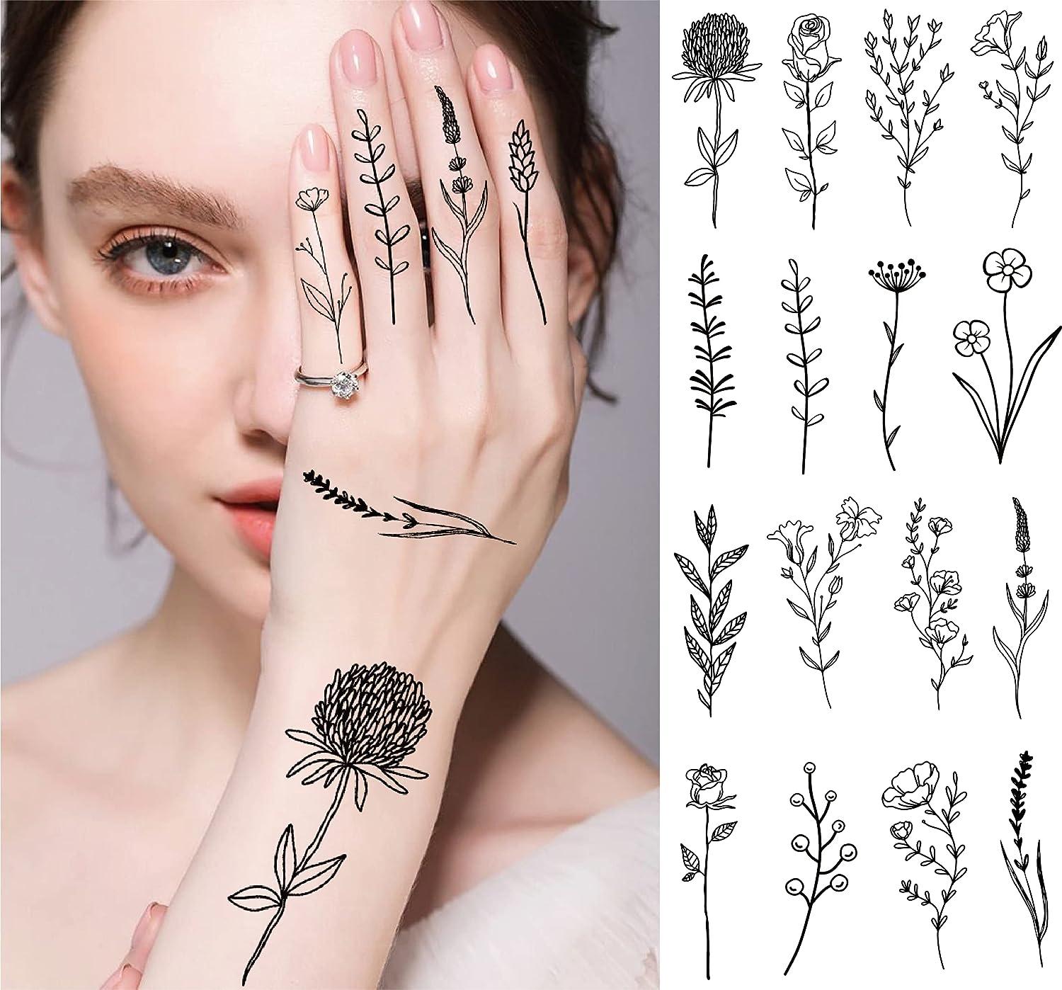 YAKAGO 16 Sheets Black Small Flower Temporary Tattoos For Women Adults