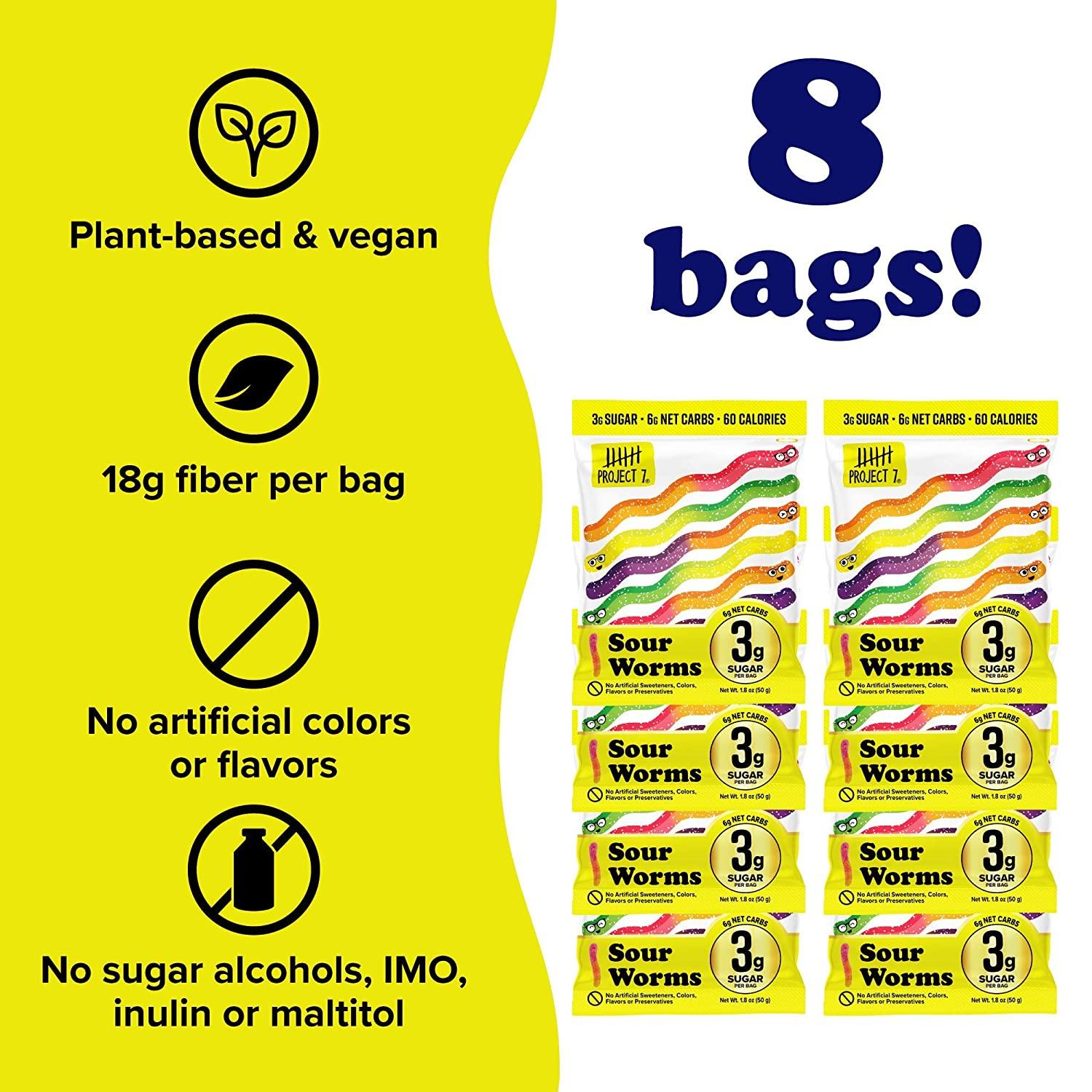 Project 7 Low Sugar Sour Gummy Worms Keto Candy & Vegan Candy with 3g