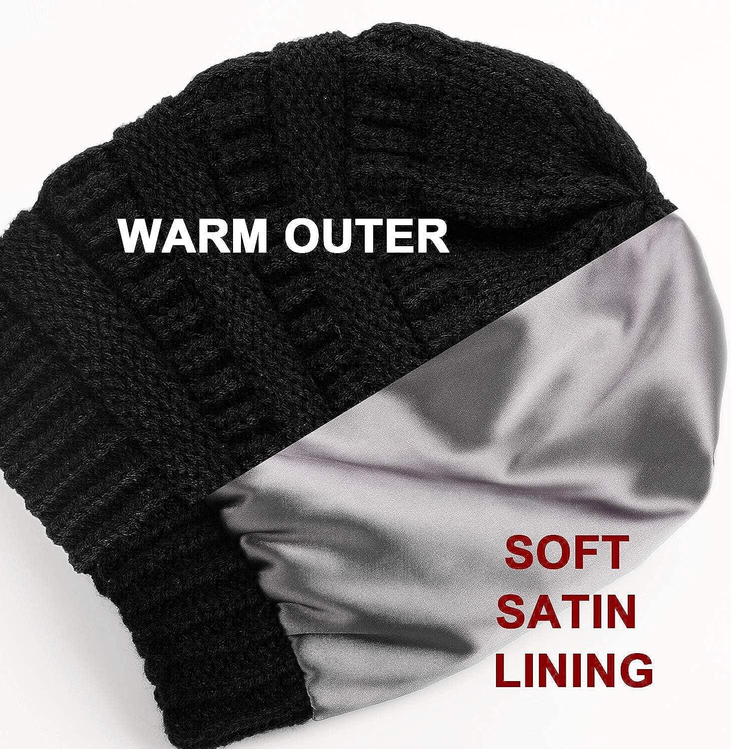 Womens Satin Lined Cable Knit Winter Beanie Hat Soft Slouchy