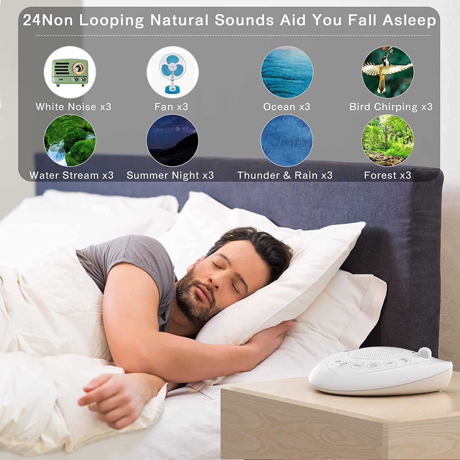 Mesqool 24 Non Looping Natural Sound Machine | White Noise Machine |  Portable Sleep Therapy,Electric/Battery Powered,3 Auto-Off Timer,Headphone