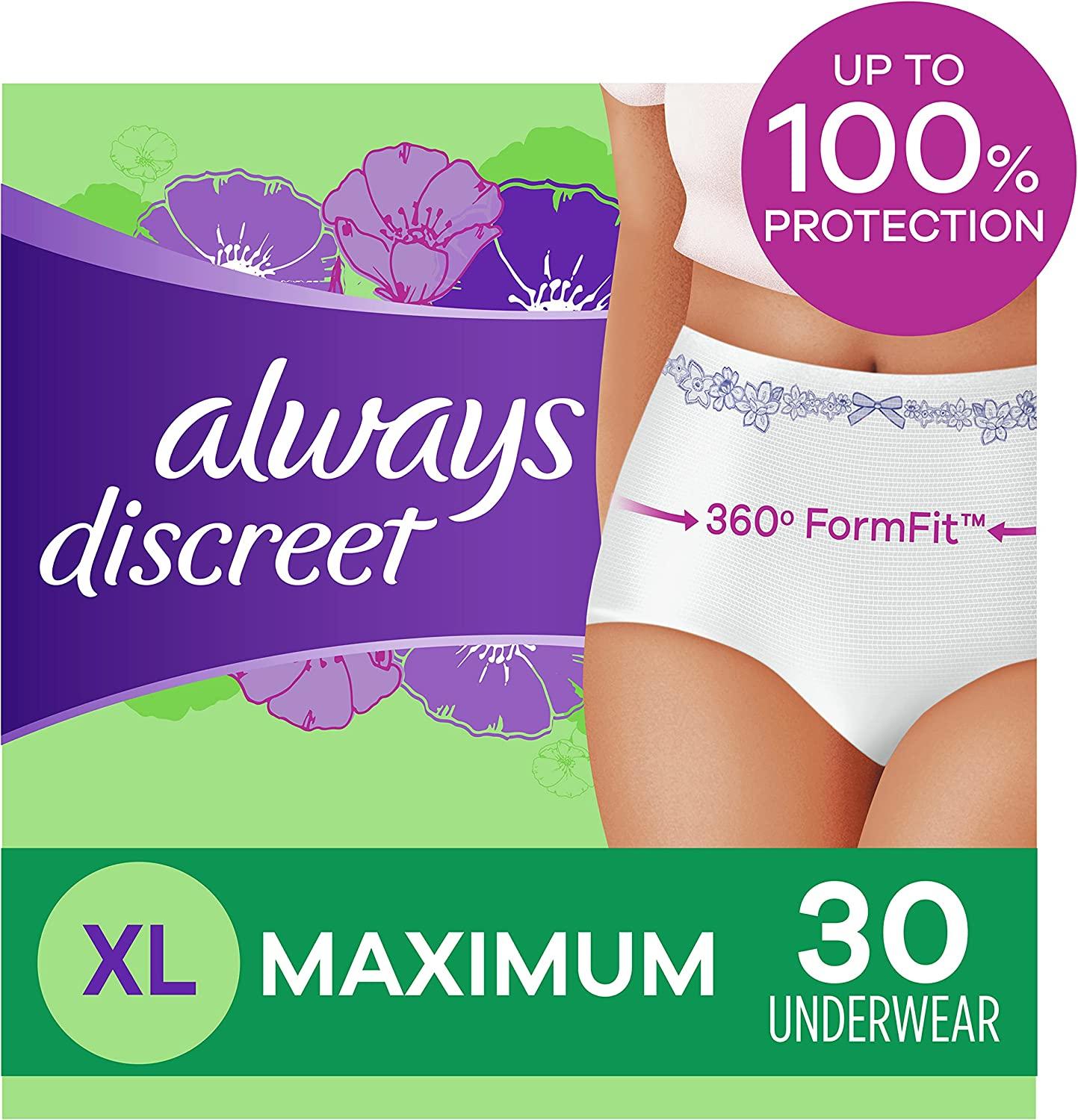 Always Discreet & Postpartum Incontinence Underwear for Women, Size XL,  Maximum Absorbency, Disposable, Green, X-Large, 30 Count X-Large (30 Count)
