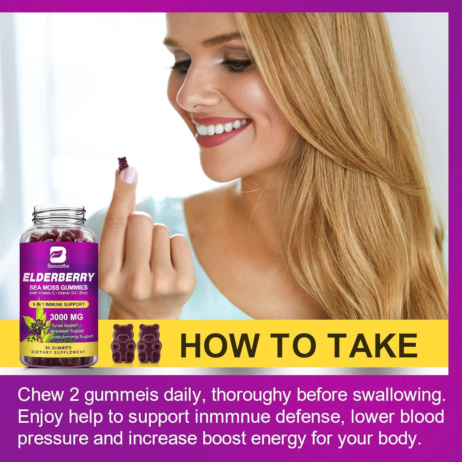 B BEWORTHS Elderberry & Sea Moss Gummies with Zinc and Vitamin C D3 for