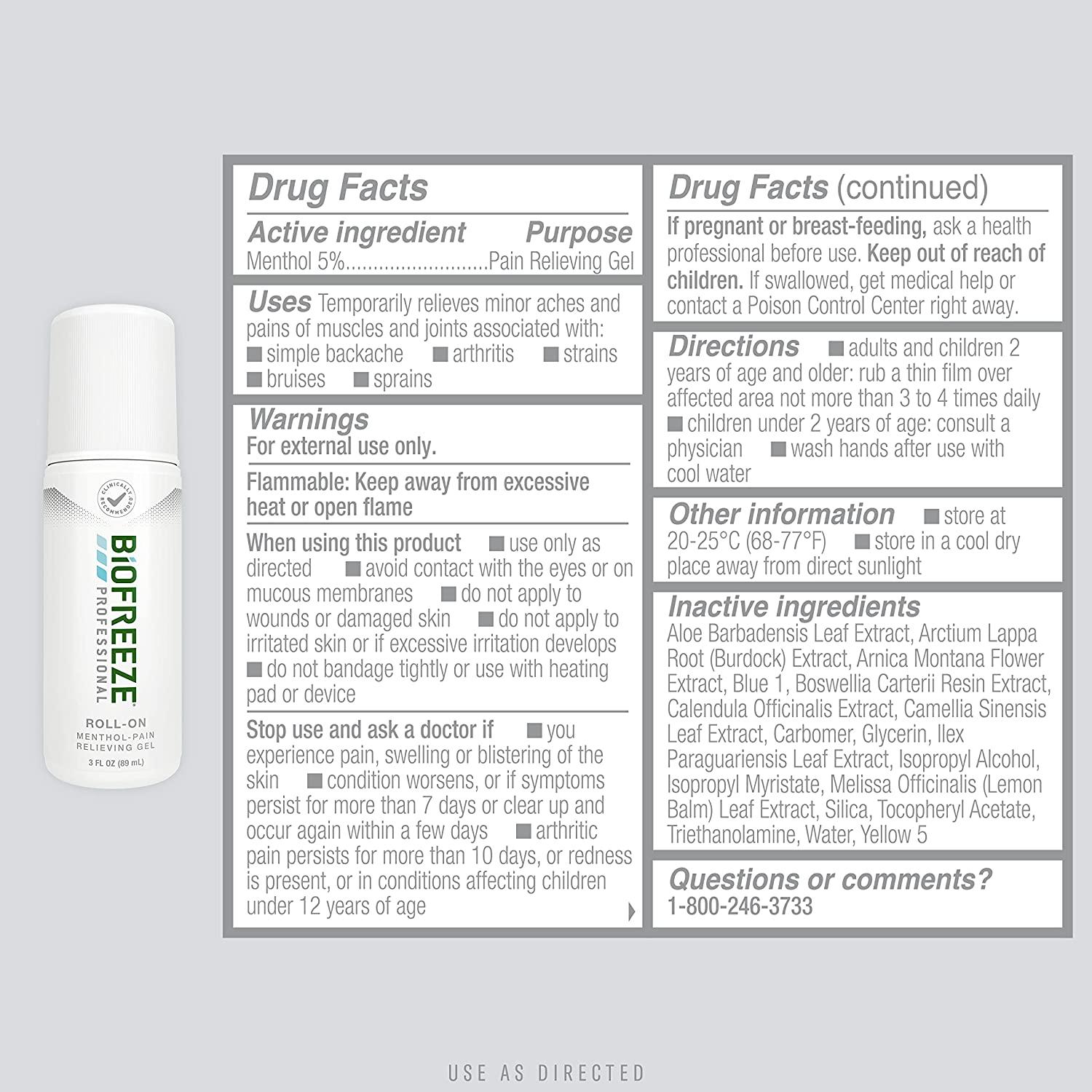 Biofreeze Professional Menthol Roll-On Pain-Relieving Gel 3 FL OZ Green
