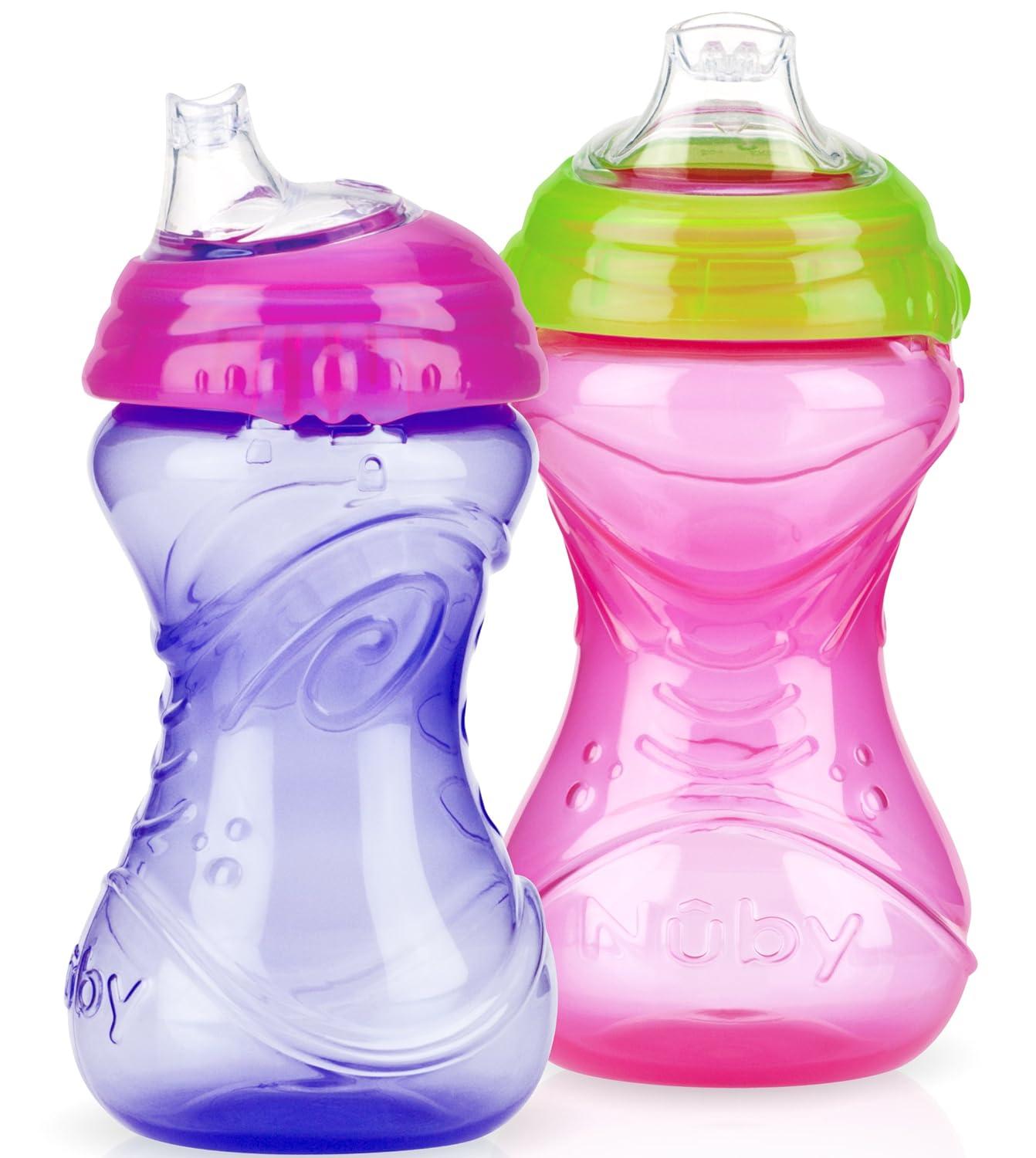 Nuby 3 Piece No-Spill Easy Grip Cup with Flex Straw Clik It Lock Feature Girl 10 Ounce