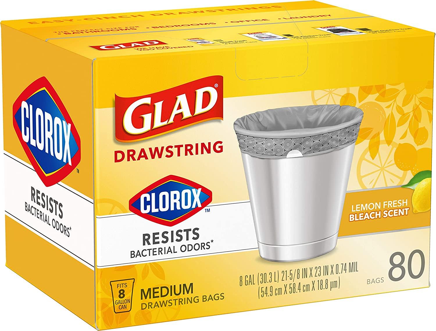 Glad Medium Drawstring Trash Bags with Clorox, 8 Gallon Grey Trash Bags,  Lemon Fresh Bleach Scent, (