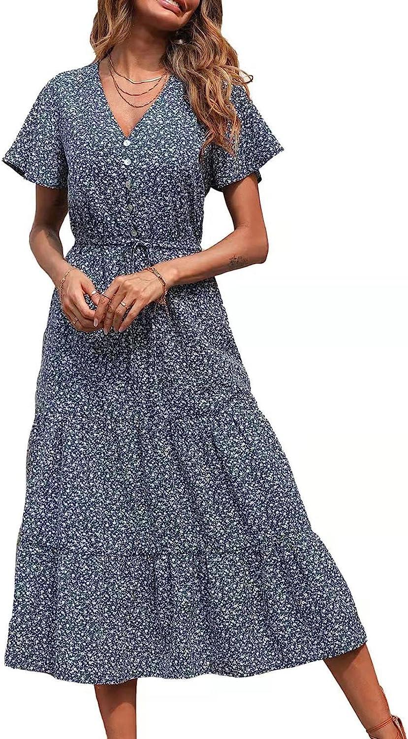 BOXIACEY Spring Dresses for Women 2022 Summer Casual V Neck Short Sleeve Dresses Belted Ruffle Hem A Line Printed Maxi Dress Small Dark Blue BOXIACEY Spring Dresses for Women 2022 Summer Casual V Neck Short Sleeve Dresses Belted Ruffle Hem A Line Printed Maxi Dress Small Dark Blue