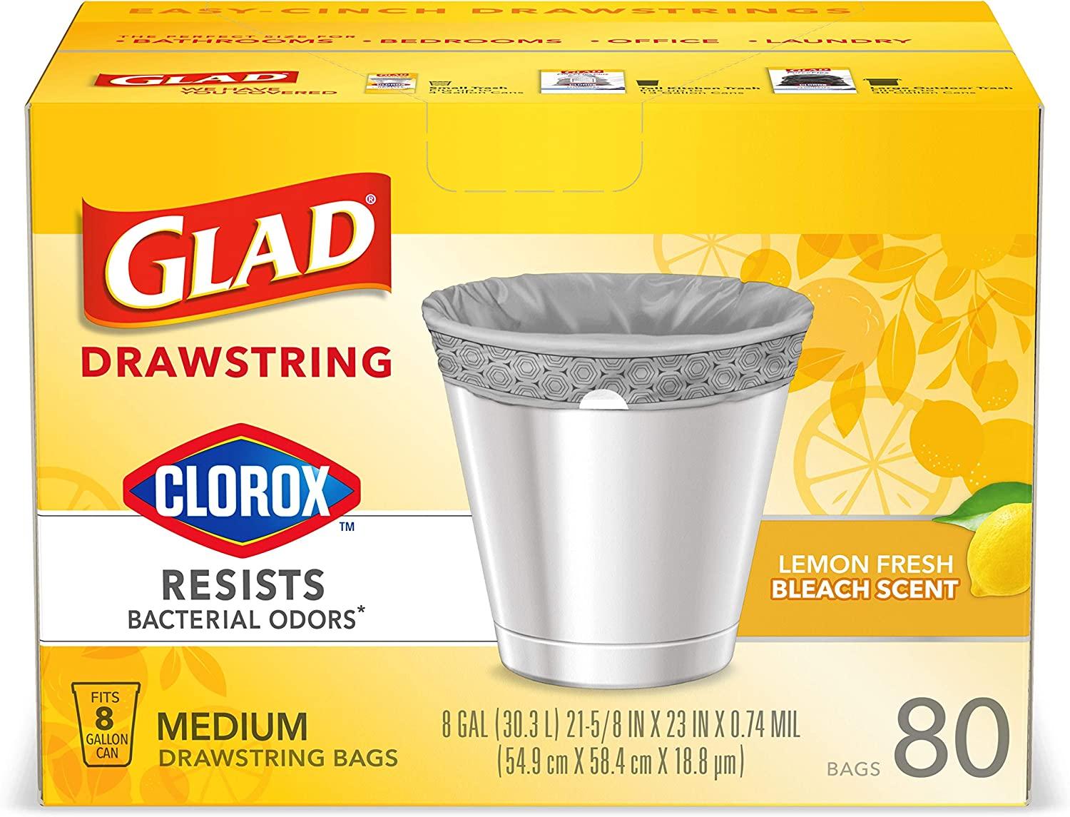 Glad Small Drawstring Trash Bags with Clorox - 4 Gallon, Grey, Lemon Fresh  Bleach Scent, 34 ct