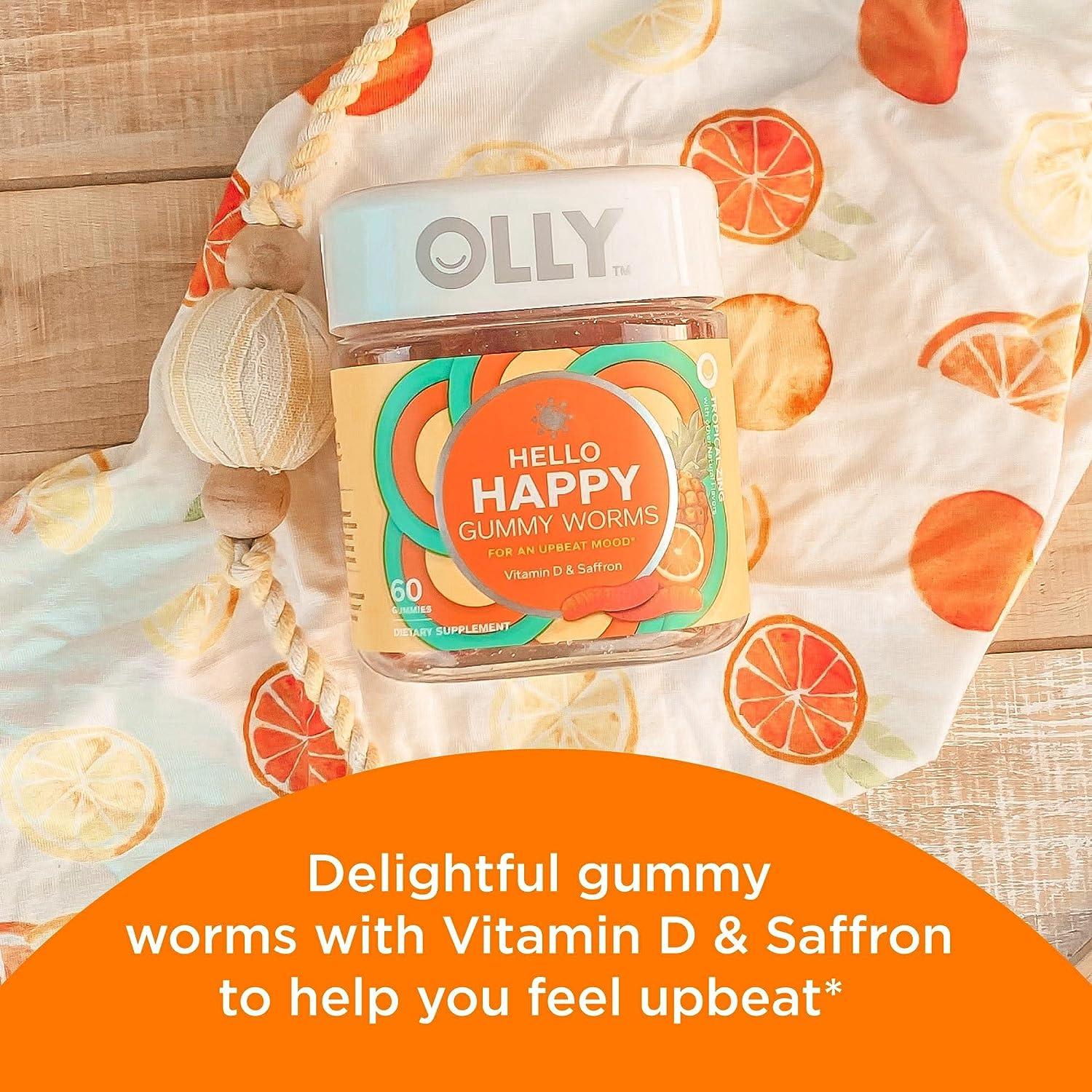 OLLY Hello Happy Gummy Worms, Mood Balance Support, Vitamin D, Saffron