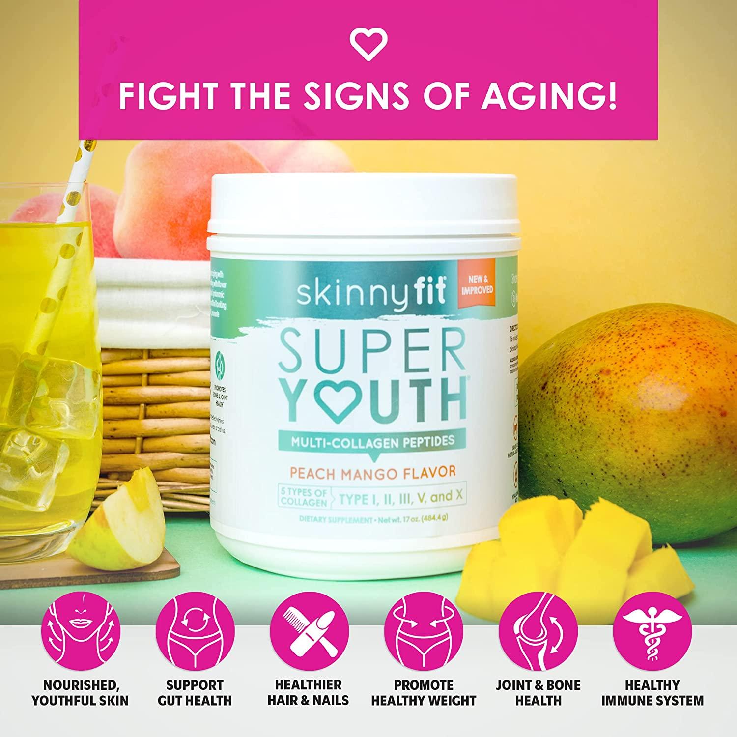 SkinnyFit Super Youth Multi-Collagen Peptides Plus Apple Cider Vinegar,  Hyaluronic Acid, & Vitamin C Peach Mango Flavor, Hair, Skin, Nail & Joint  Support, Immunity, Healthy Metabolism, 28 Servings