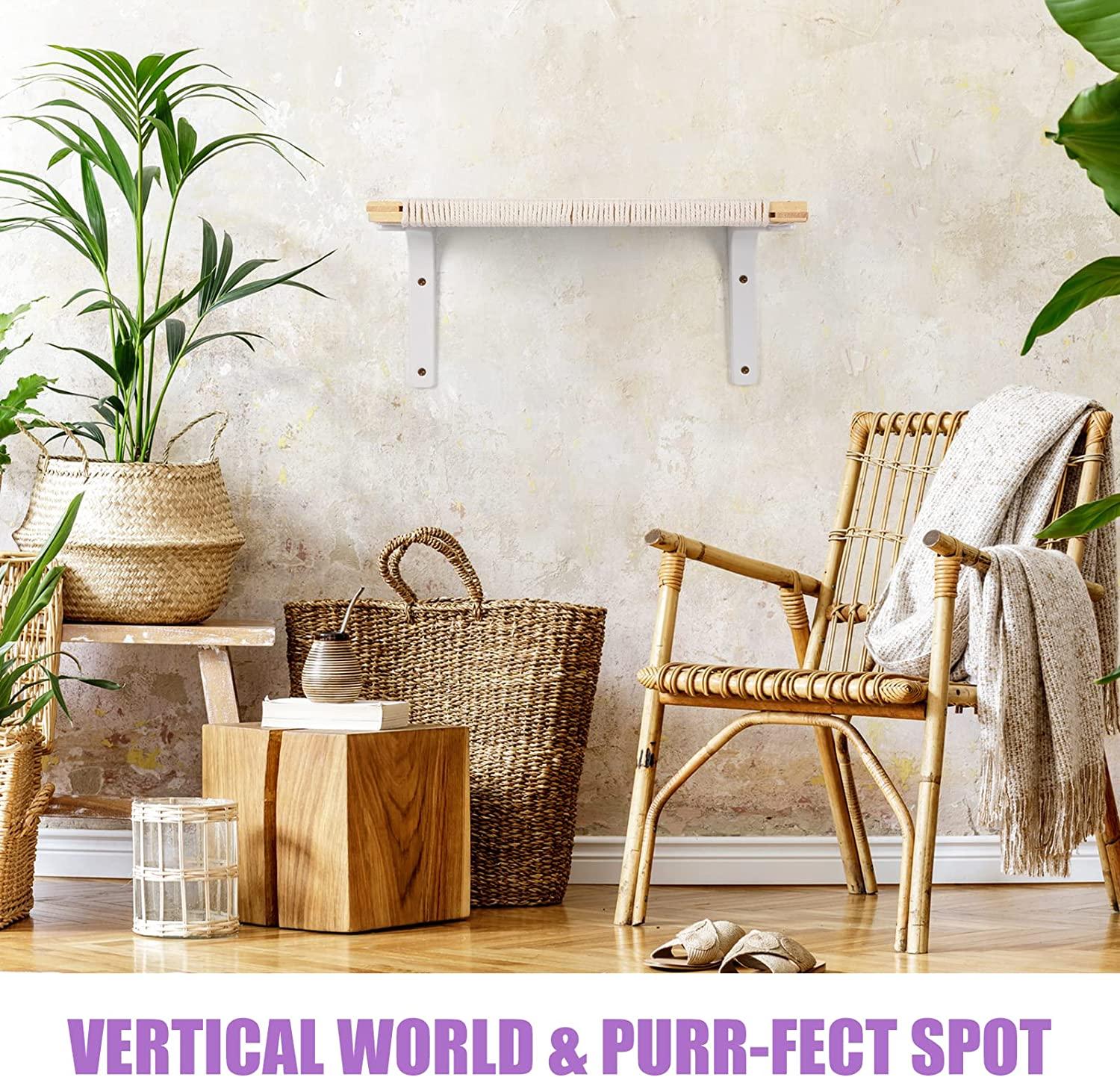 Wall Mounted Cat Hammock & Shelves - Solid Wood Cat Furniture With Sisal Scratching Post