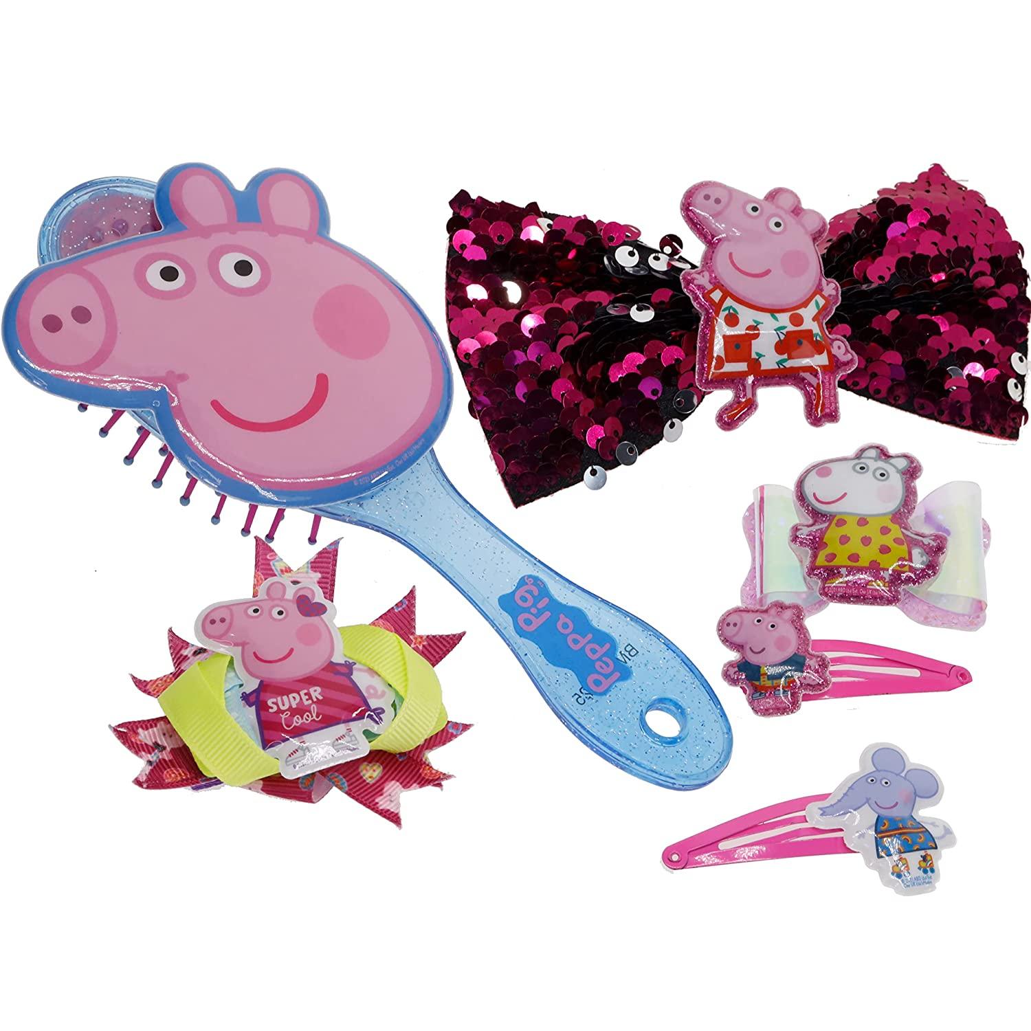 Peppa Pig Hair Accessories Gift Set for Kids Girls Ages 3+ (6 Pcs) Hair Bow, Brush, Clips