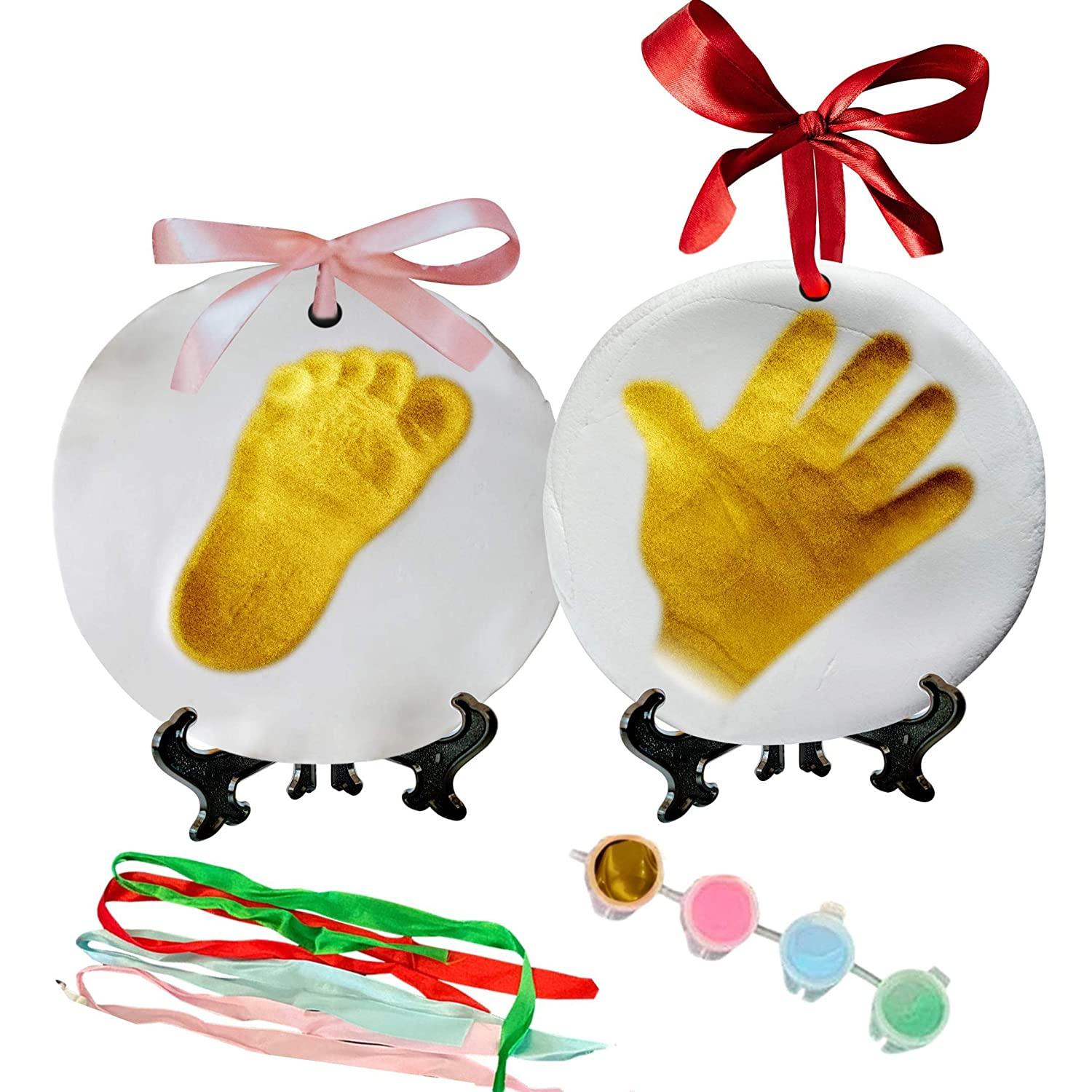 Baby Handprint Kit Footprint Ornament Keepsake (Newborn Bundle) 2 EASELS, 4  Ribbons & 3 Paint Tubes Clay Casting Kit Baby Boy Girl (Deluxe Clay  Keepsake Kit) (Deluxe Clay Keepsake Kit)