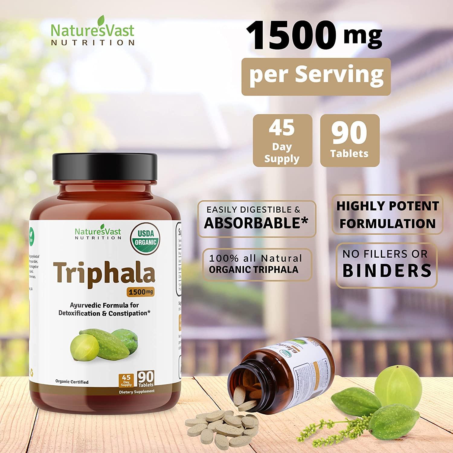 Triphala Tablets 100 Organic USDA Certified 1500mg Formula for Gut Health Constipation Daily