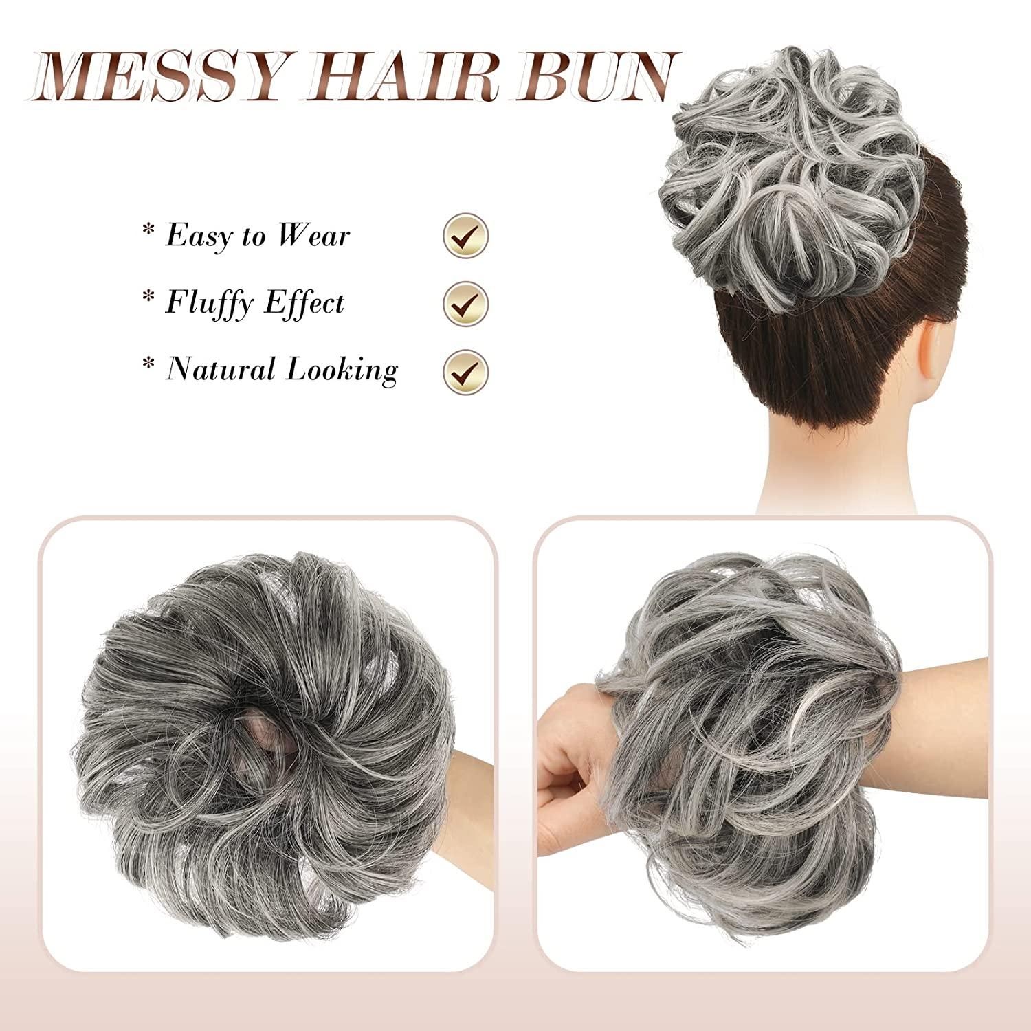 FESHFEN Messy Hair Bun Hair Pieces Curly Large Gray Hair Bun Scrunchies  Extensions Synthetic Salt and Pepper Tousled Updo Grey Hairpieces for  Women,  1B/171T60# Gray and White Tips