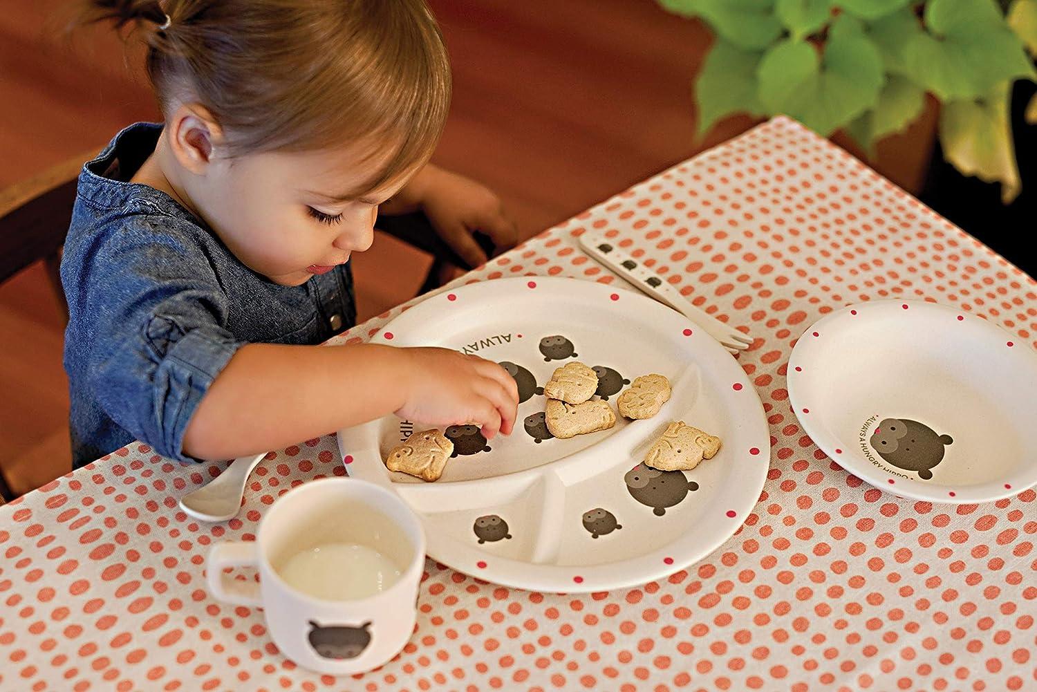 Red Rover Kids' Bamboo Dinner Set Off-White Hippo Design | 2.75 x 11 x ...
