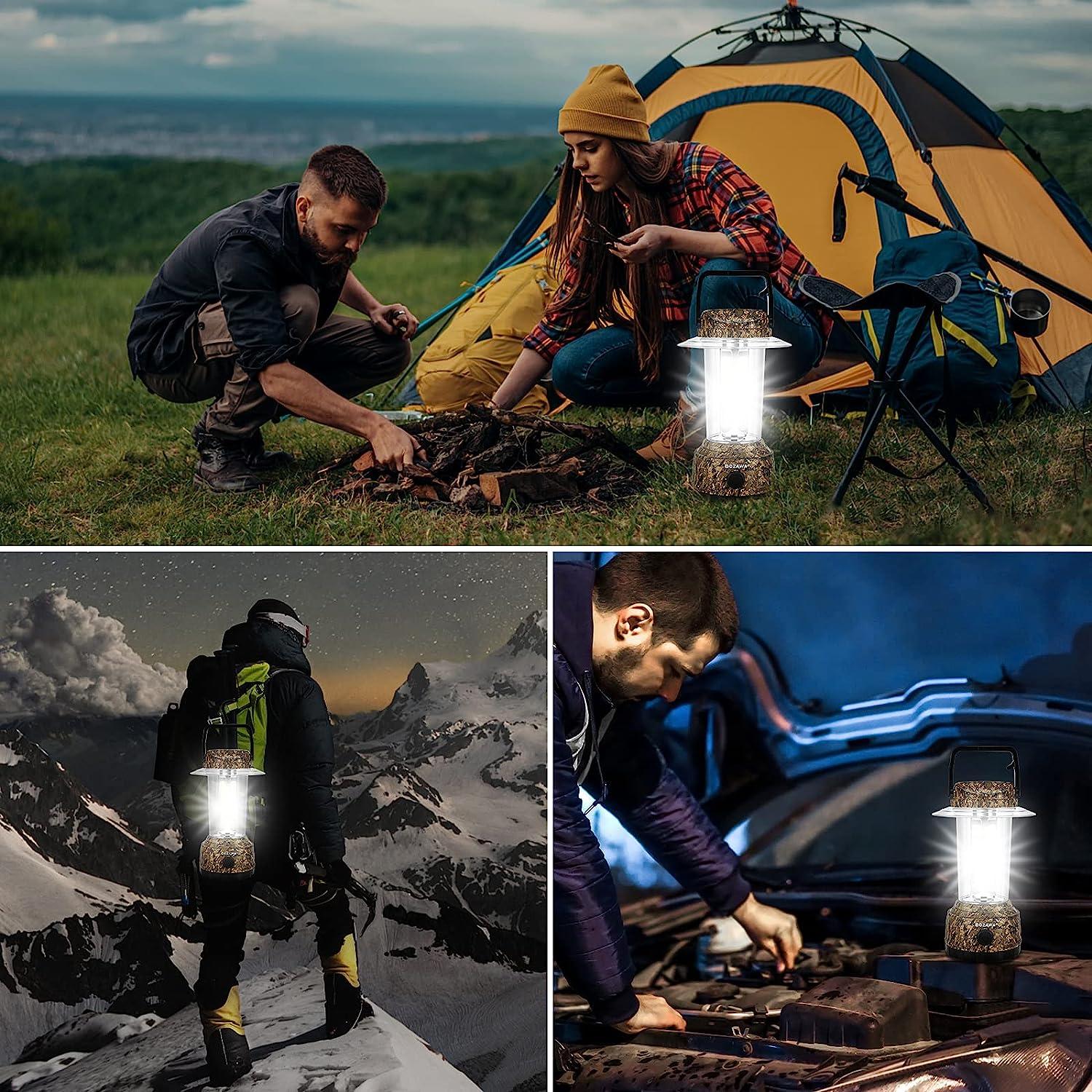 DOZAWA LED Camping Lantern, 2000LM Battery Powered Camping Lights, Super  Bright Emergency Light with Hook, 5 Lighting Modes, IPX4 Waterproof, Camping  Gear, Survival Kits for Hurricane, Hiking, Fishing Battery-Camo