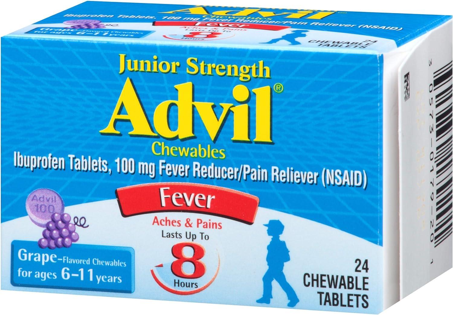 Advil Junior Chewable Ibuprofen Tablets Grape 100mg 24 Tablets Each