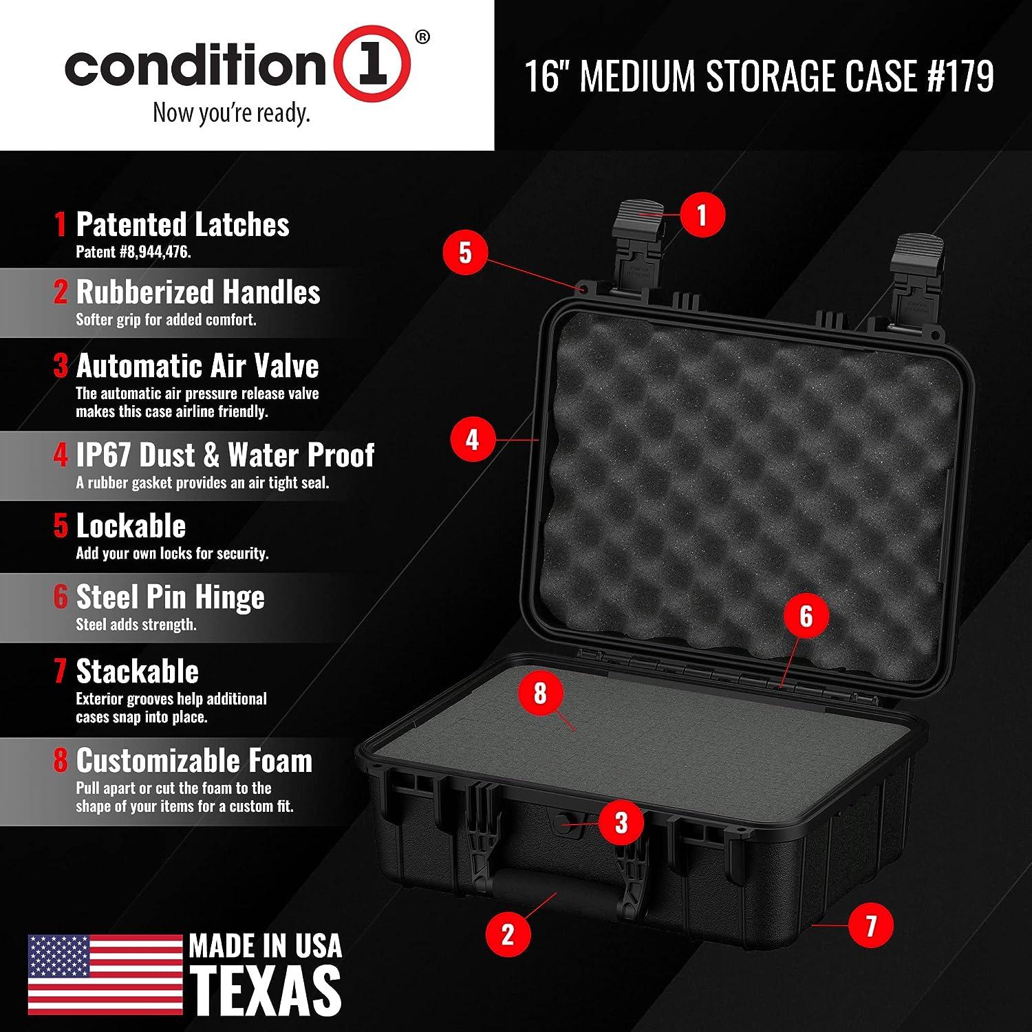 Condition 1 16 Medium Hard Case Lockable Storage Box, Waterproof Travel  Plastic Case, Protective Luggage with Customizable Foam, for Camera,  Tactical, Scientific Gear Storage IP67 #179, 16x13x7, Black