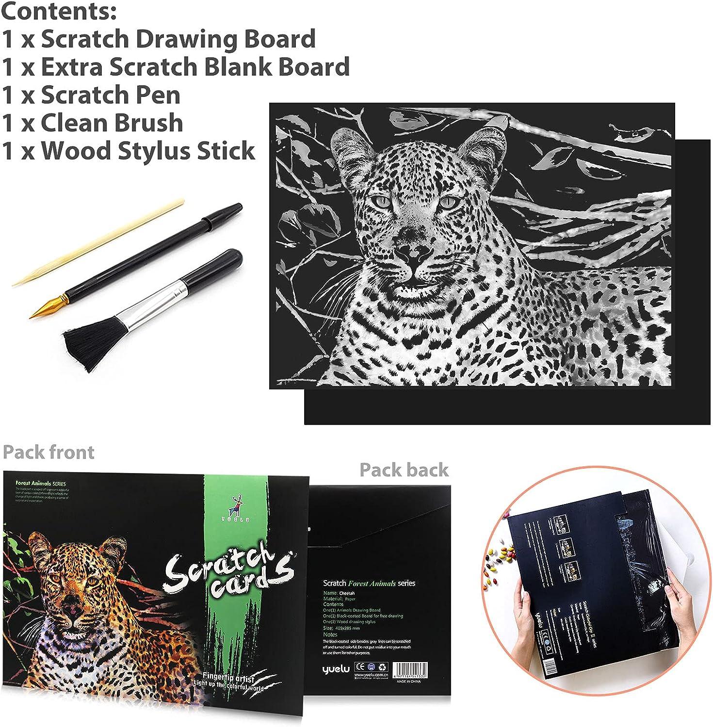 Scratch Art For Kids & Adults, Rainbow Engraving Painting Landscape Scratchboard(A4) Crafts Set Scratch Cards - Unicorn/Cat/Deer/Lion/ Tiger/Leopard/Wolf/Elephant/Cheetah/Zebra/Dog, Style 2