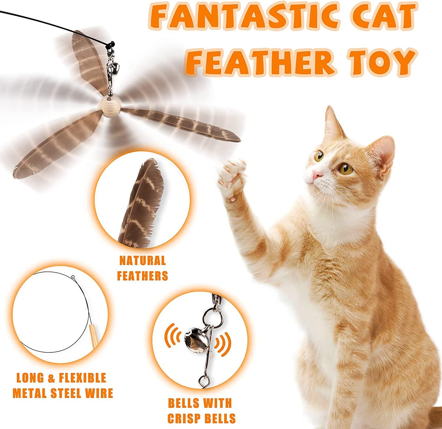 JXFUKAL Cat Wand Toys, Interactive Cat Toys with 3 Feather Refills, 29''  Flexible Steel Wire, Sturdy Wood Handle & Bell for Kitty Kitten, Cat Toys  for Indoor Cats Cat Teaser Cat String