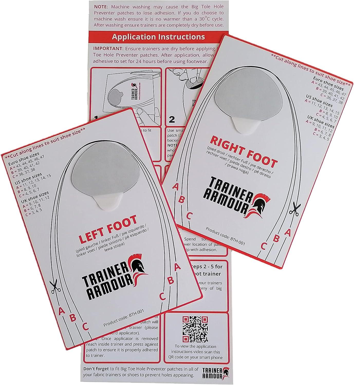 Trainer Armour - Big Toe Hole Preventer self-Adhesive Patches with a Clever  applicator. Shoe Toe Burst Toe Box Blowout Prevention Insert Toe Hole Area  Repair Patch. for Running Shoes and Sneakers.