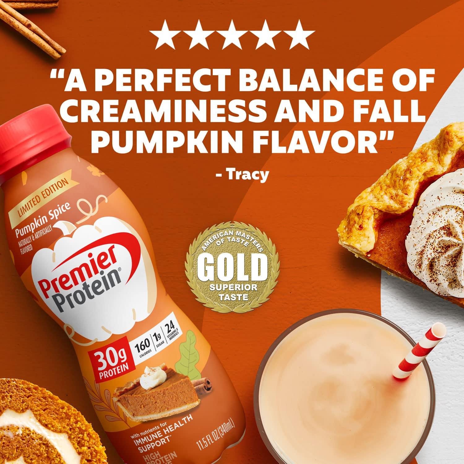 Premier Protein Shake Pumpkin Spice 12 Pack 30g Protein, 1g Sugar, 24 Vitamins, Immune Support