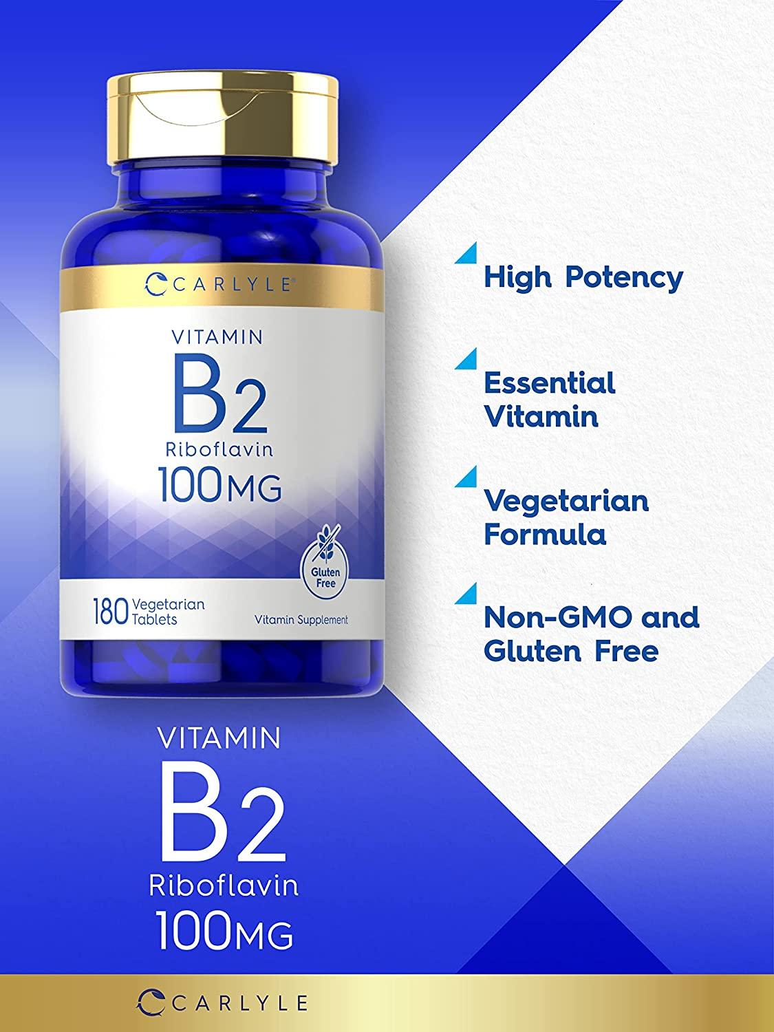Carlyle Vitamin B2 100mg 180 Tablets Vegetarian NonGMO Gluten Free