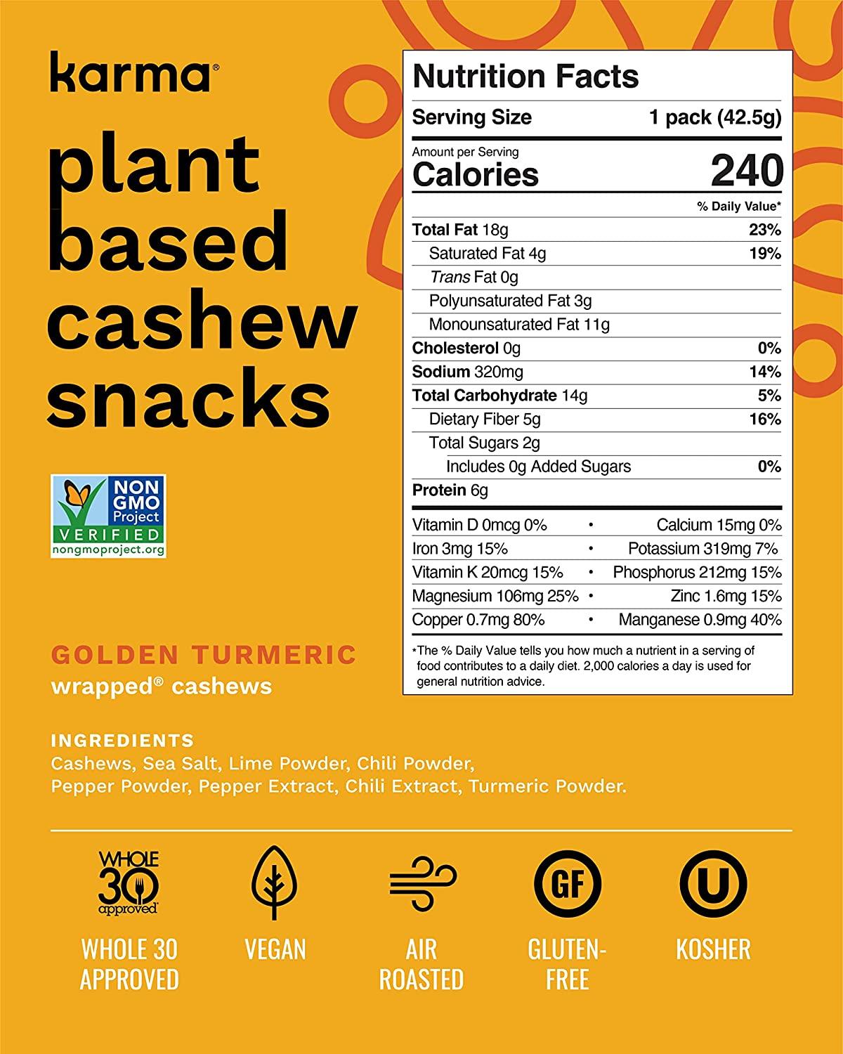 Golden Turmeric Cashews with Skin by Karma Nuts, Whole, Roasted, Vegan