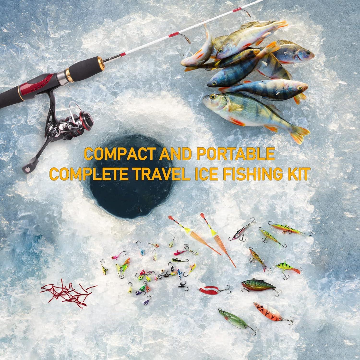 Dr.Fish Ice Fishing Rod and Reel Combo Ice Fishing Gear Pole Ice Fishing  Reel Equipment Set Ice Fishing Backpack Chair Ice Jigs Lures Ice Fishing  Accessories Ice Fishing Kit with Backpack Seat
