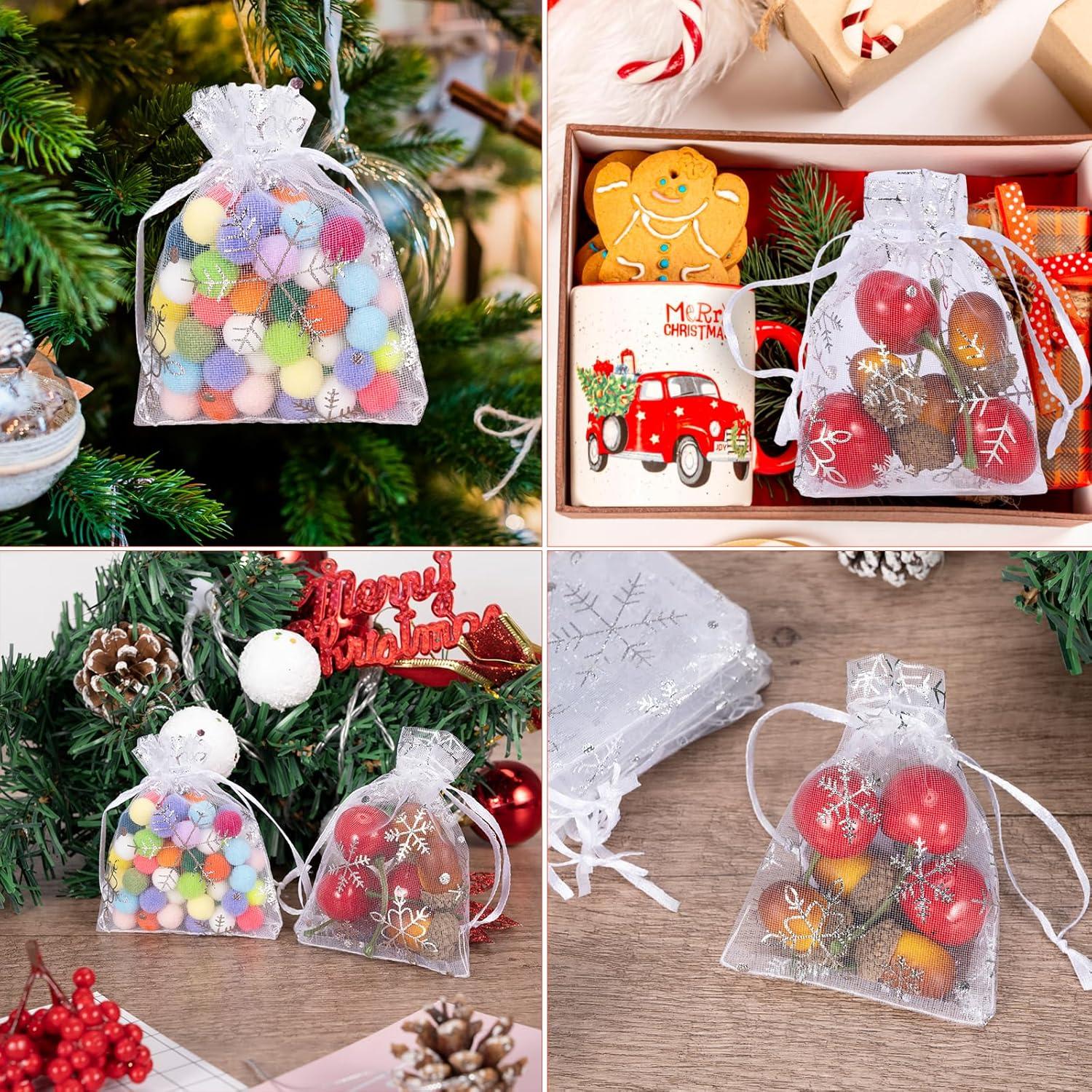 100 Pieces White Organza Gift Bags 7x9cm Snowflake Design for