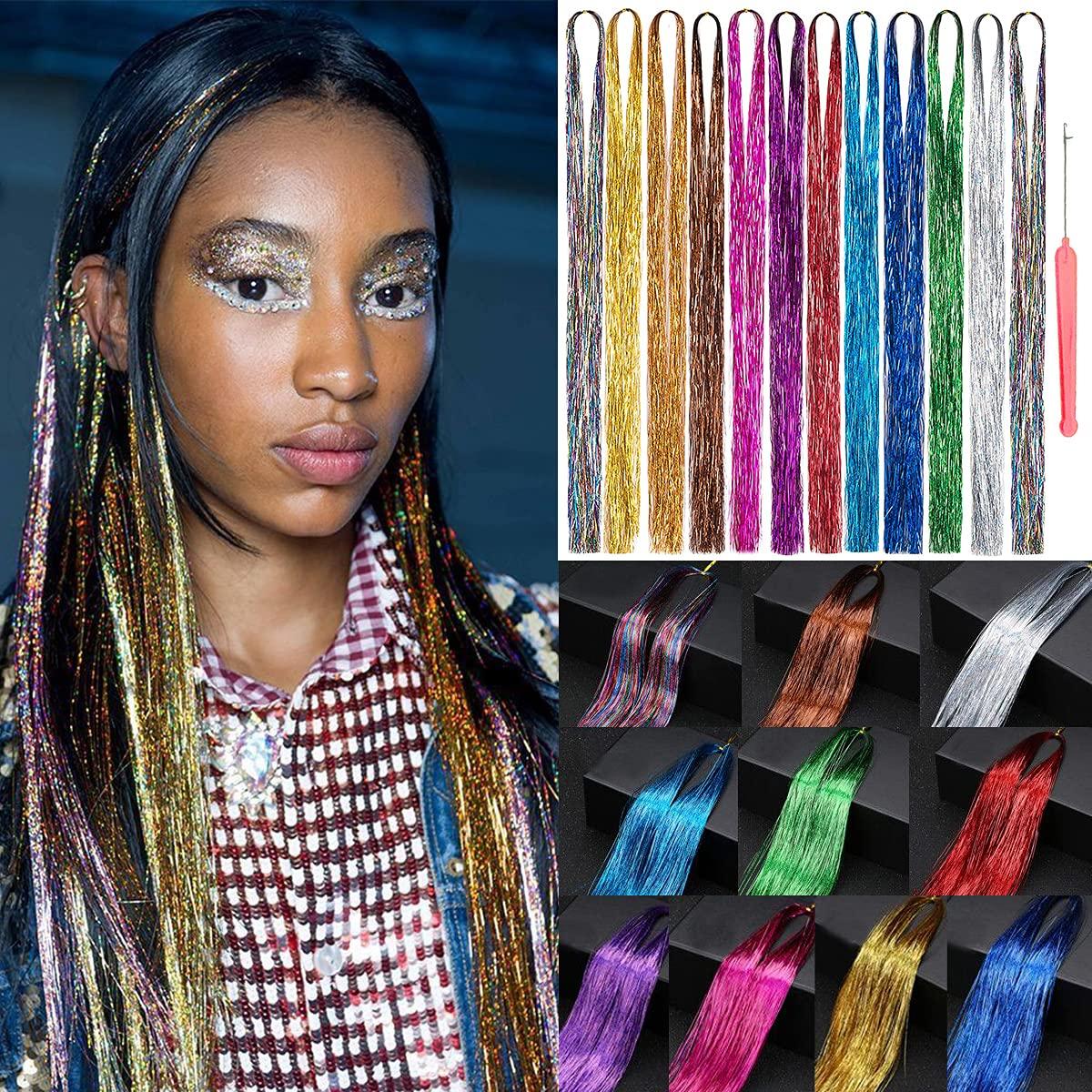 12 Colors Hair Tinsel 44 Inches Fairy Hair Tinsel Kit Sparkling Dazzle  Glitter Shiny Hair Extensions with Tool 2400+ Strands Hair Glitter (12mix)